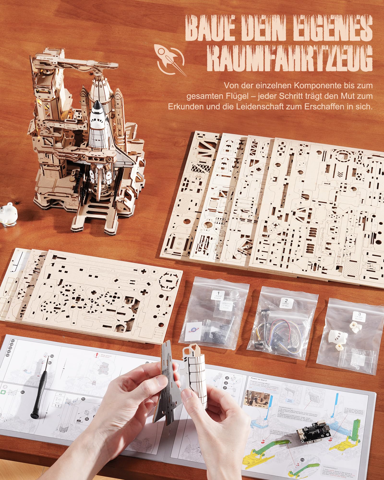 ROBOTIME Raumfähre Holzmodell mit Dynamischer Startrampe, LKA02 | 446 Teile, Motorisierter Hub & Rückkehr, Maßstab 1:420, 5-V-Type-C-Kabel erforderlich