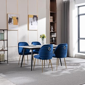 Dining Chair Set of 2, Modern Woven Velvet Upholstered Accent Chair Side Chairs with Barrel Backrest and Gold Metal Legs for Kitchen Dining Room Living Room Reception Room Blue
