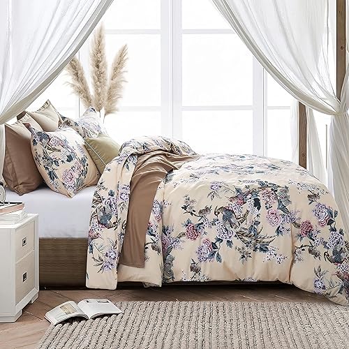 Eikei Inicio Chinoiserie - Juego de ropa de cama de algodón de fibra larga estilizada vintage con diseño floral de pavo real, jardín paraíso y ramas