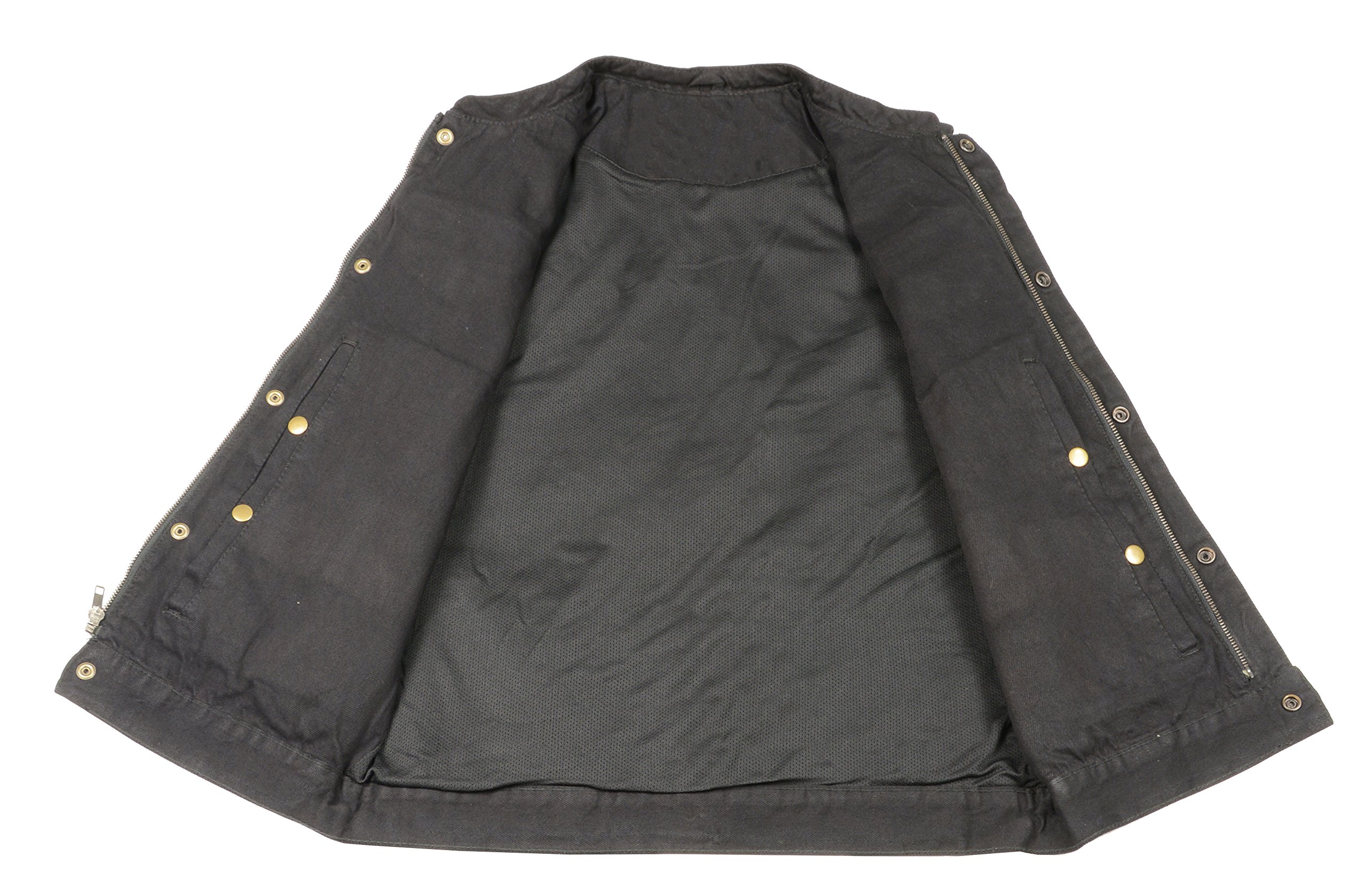 Men’s Denim Club Style Vest | Concealed Gun Pockets, Patches Friendly Single Panel Back, Concealed Snap and Zipper Front Closure | Rustic and Casual Black Jean Biker Vest (Black, 4X)