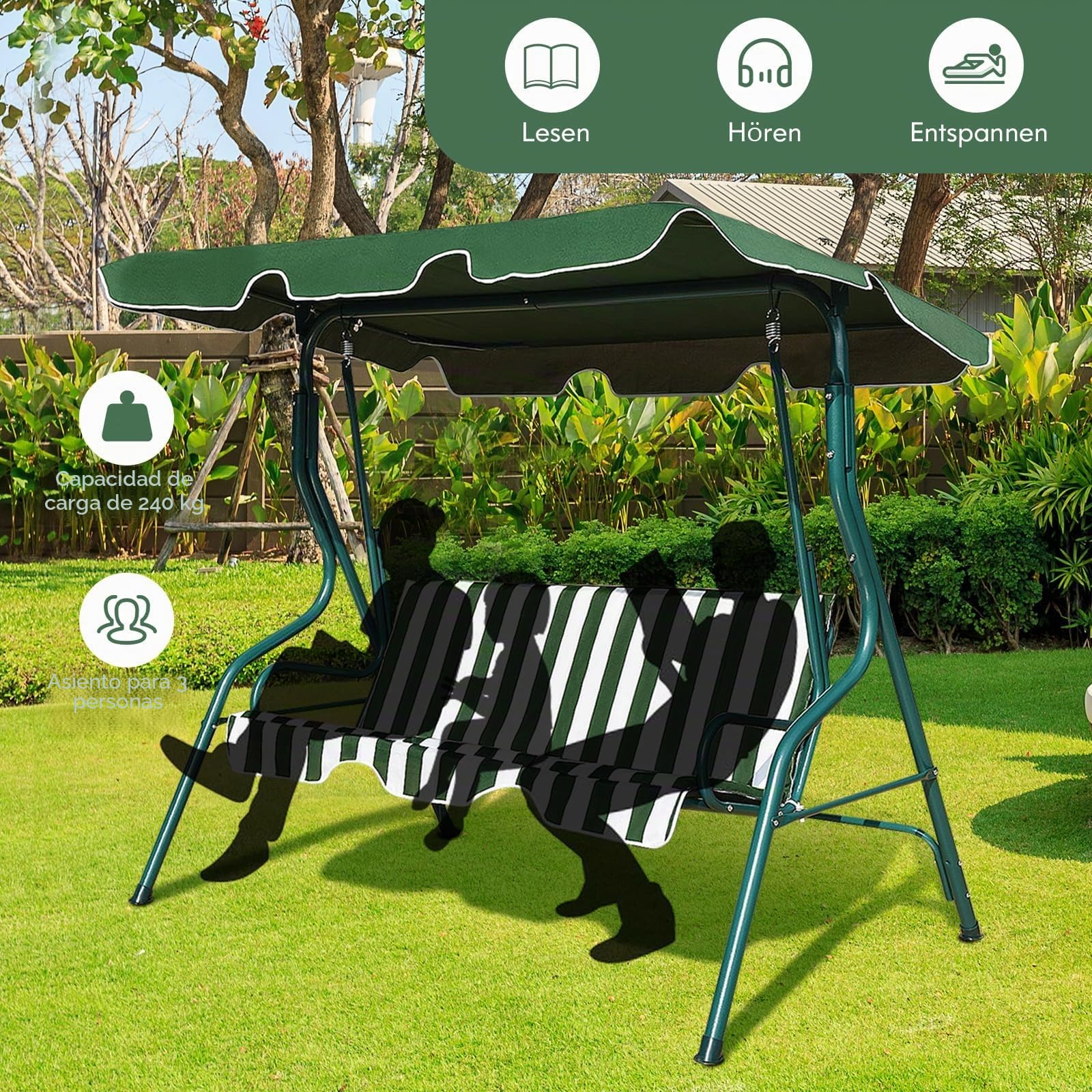 FANTASK Balancín con toldo Ajustable, Columpio de jardín de 3 plazas, para jardín, terraza y Patio Trasero, 172 x 110 x 154 cm, Color Verde y Blanco