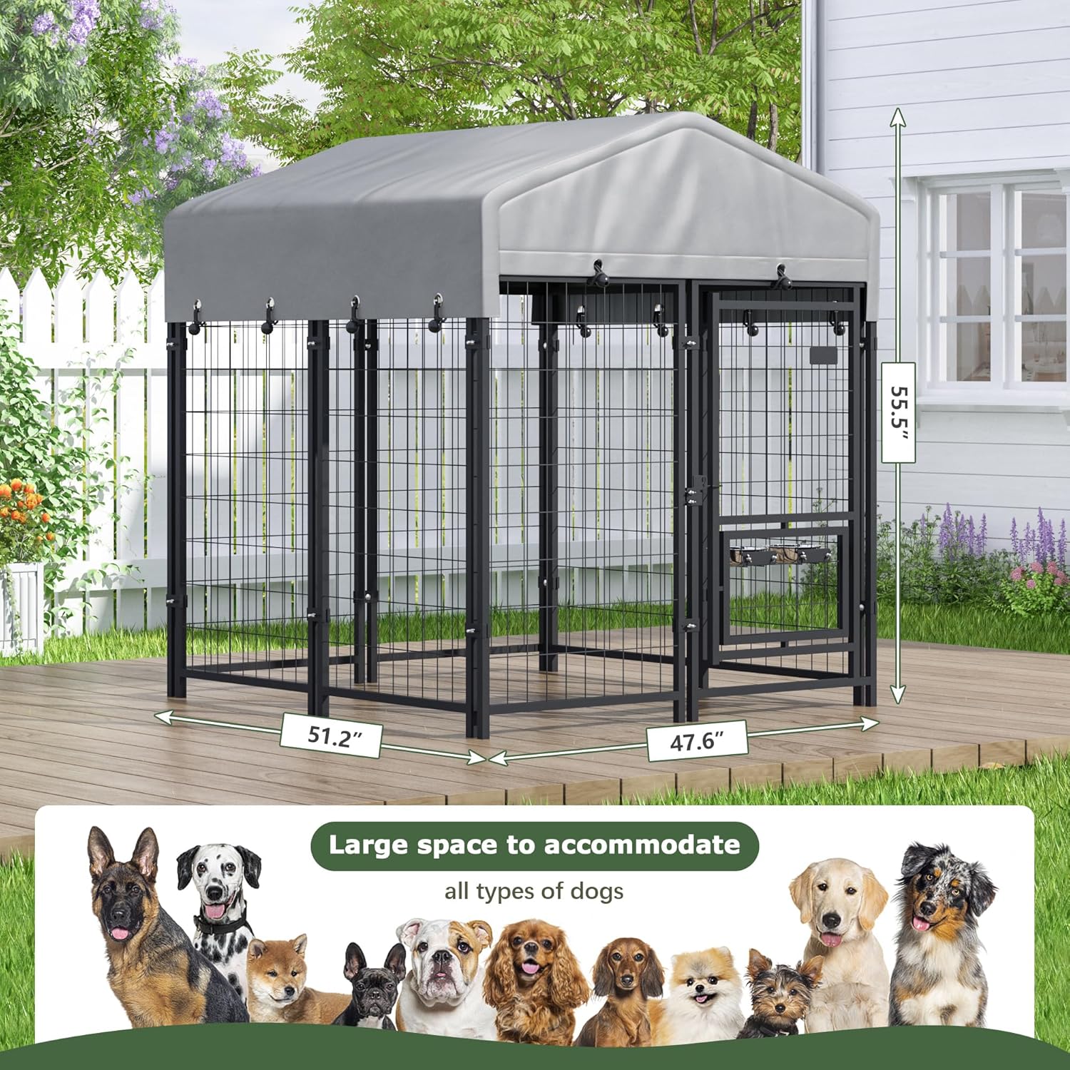 HOGYME Outdoor Dog Kennel with Roof, Dog Kennel Outside with 2 Dog Bowls, Large Dog House Pen Dogs Run Enclosure with Secure Lock and Wateproof Sunproof Cover (4'L x 4'W x 4.6'H) Black