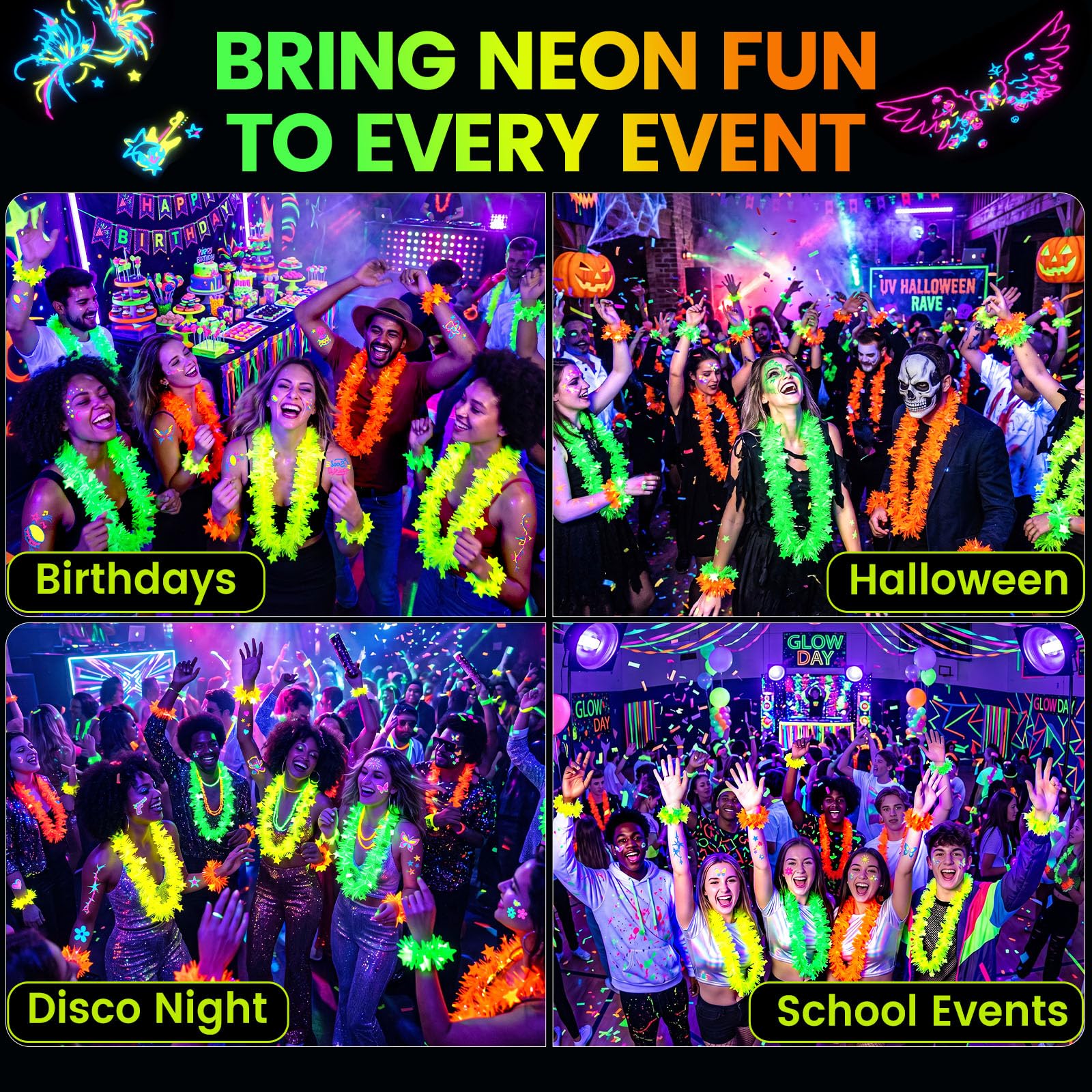 LovesTown 24PCS Neon-Themed Party Favors with Lei Necklaces & Bracelets