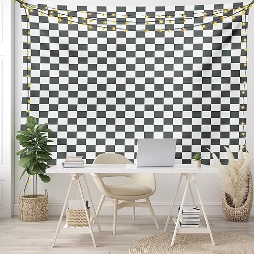 Vista 7 de Ambesonne Tapiz a cuadros, composición monocromática clásica inspirada en tablero de ajedrez abstracto, impresión de azulejos abstractos para colgar