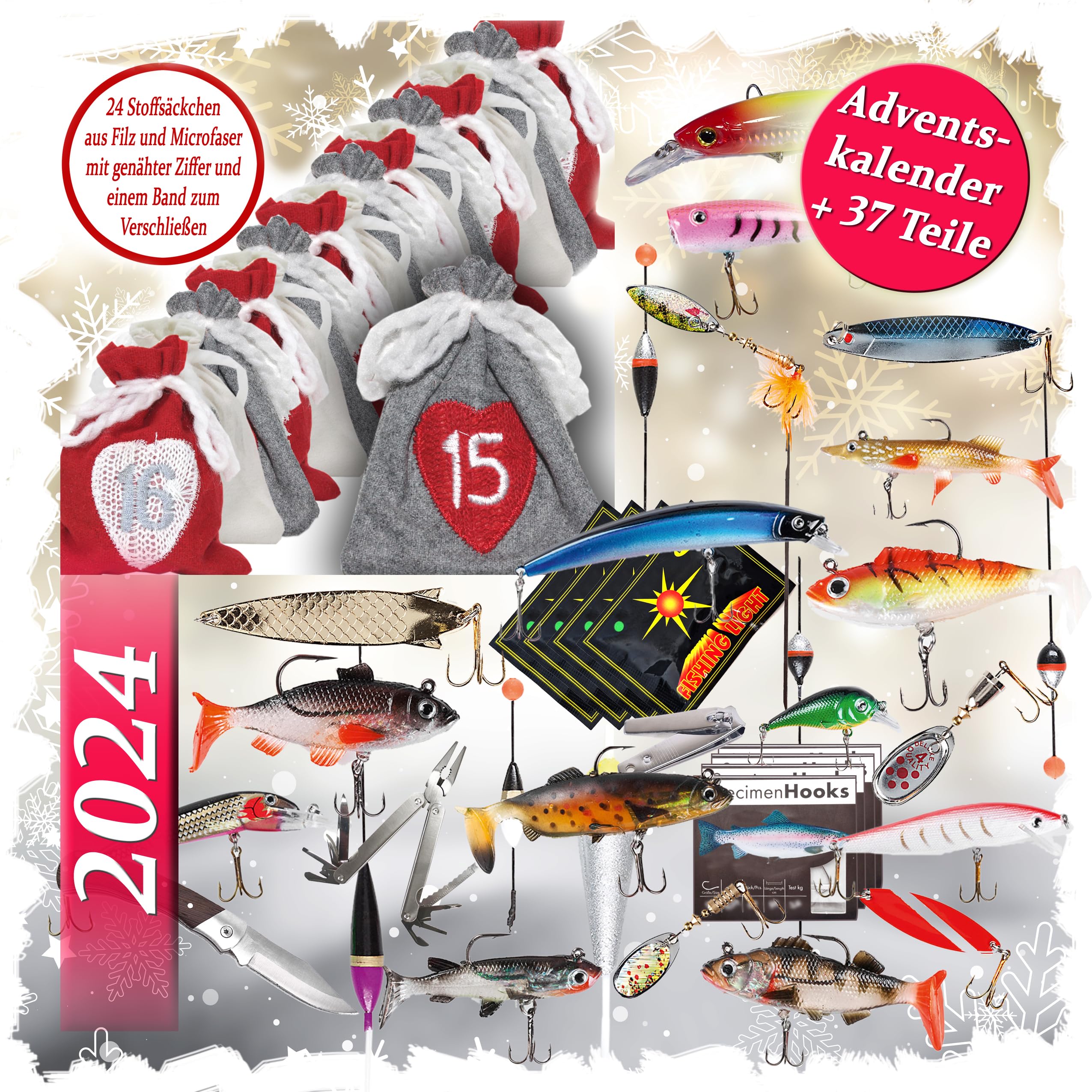 Angel Adventskalender mit 24 Säckchen + Überraschungen | Weihnachtskalender - Angler Köder Haken Set für Fischer Erwachsene Teenager Jungen - 2025 Weihnachten Überraschung Geschenk Männer