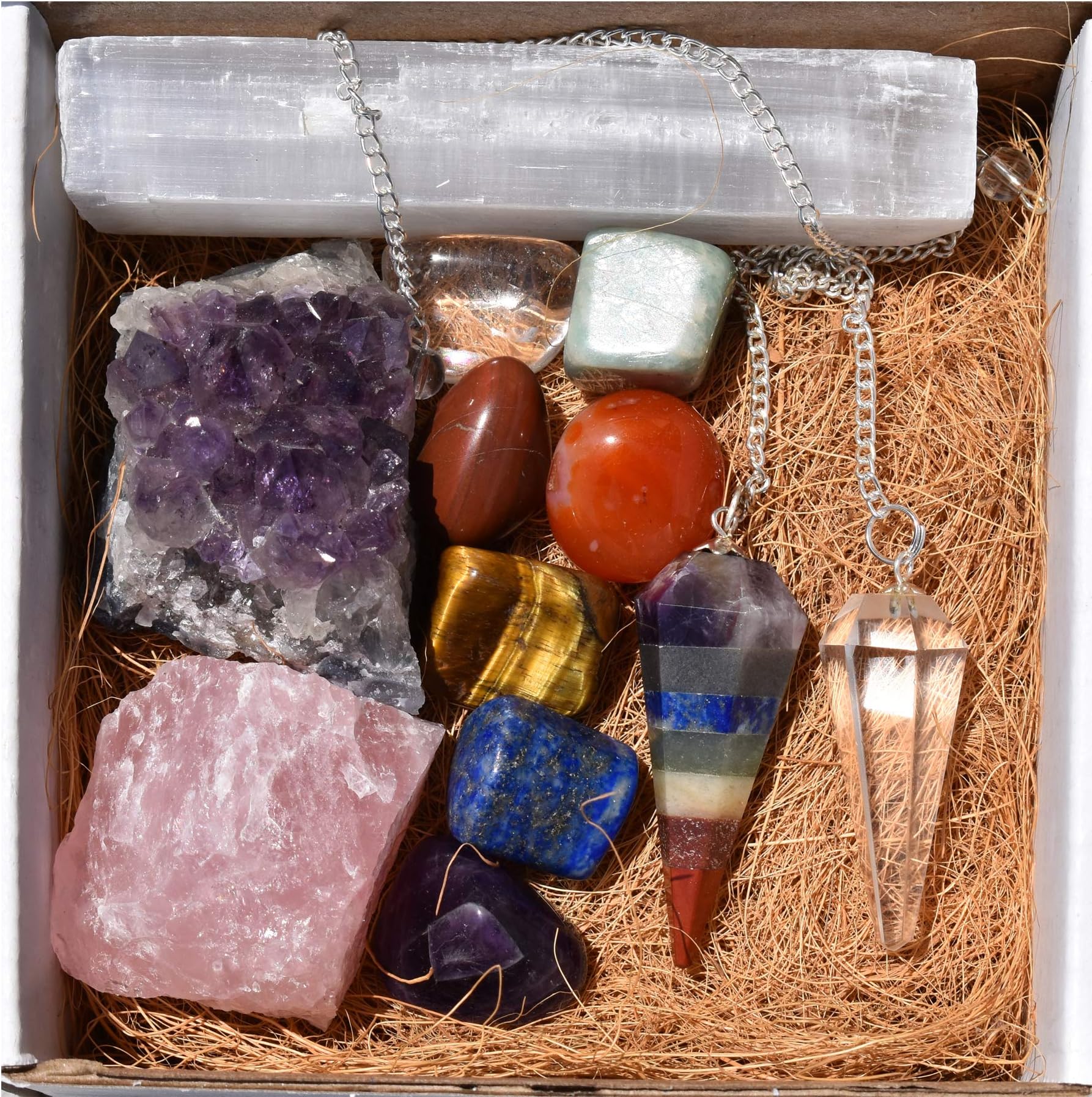 DREAM HOLISTIC Seven Chakra Balancing Healing Energy Gift Kit - 7 Raw Chakra Tumbled Stone Sets, Rough Amethyst Clusters, Clear Crystal Quartz Pendulum, Chakras Pendulums, Selenite Stick, Rose Stones