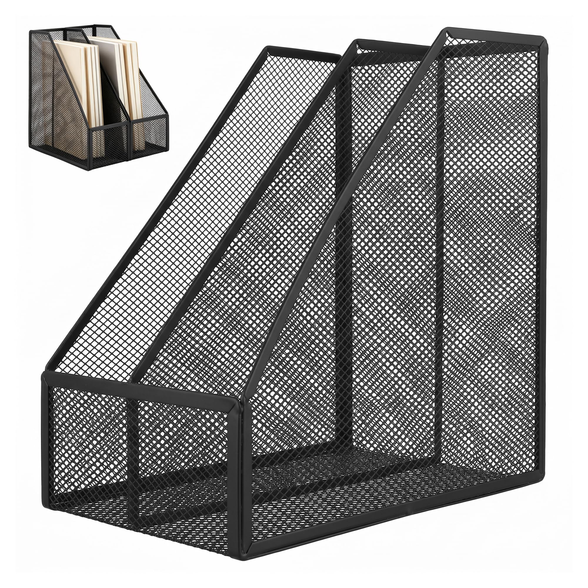 SEUNMUK Magazine File Holder Metal Mesh, Metal Magazine Holder, 2-Section Black Folder Holder for Desk, Office Desk Accessories Decorative, 26 x 26 x 16 cm