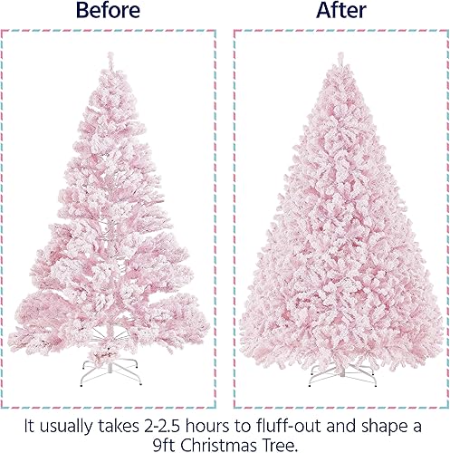 Miniatura 3 de Topeakmart Árbol de Navidad artificial de pino con luces, árbol de Navidad esmerilado para decoración navideña con soporte de hierro, 9 pies, rosa