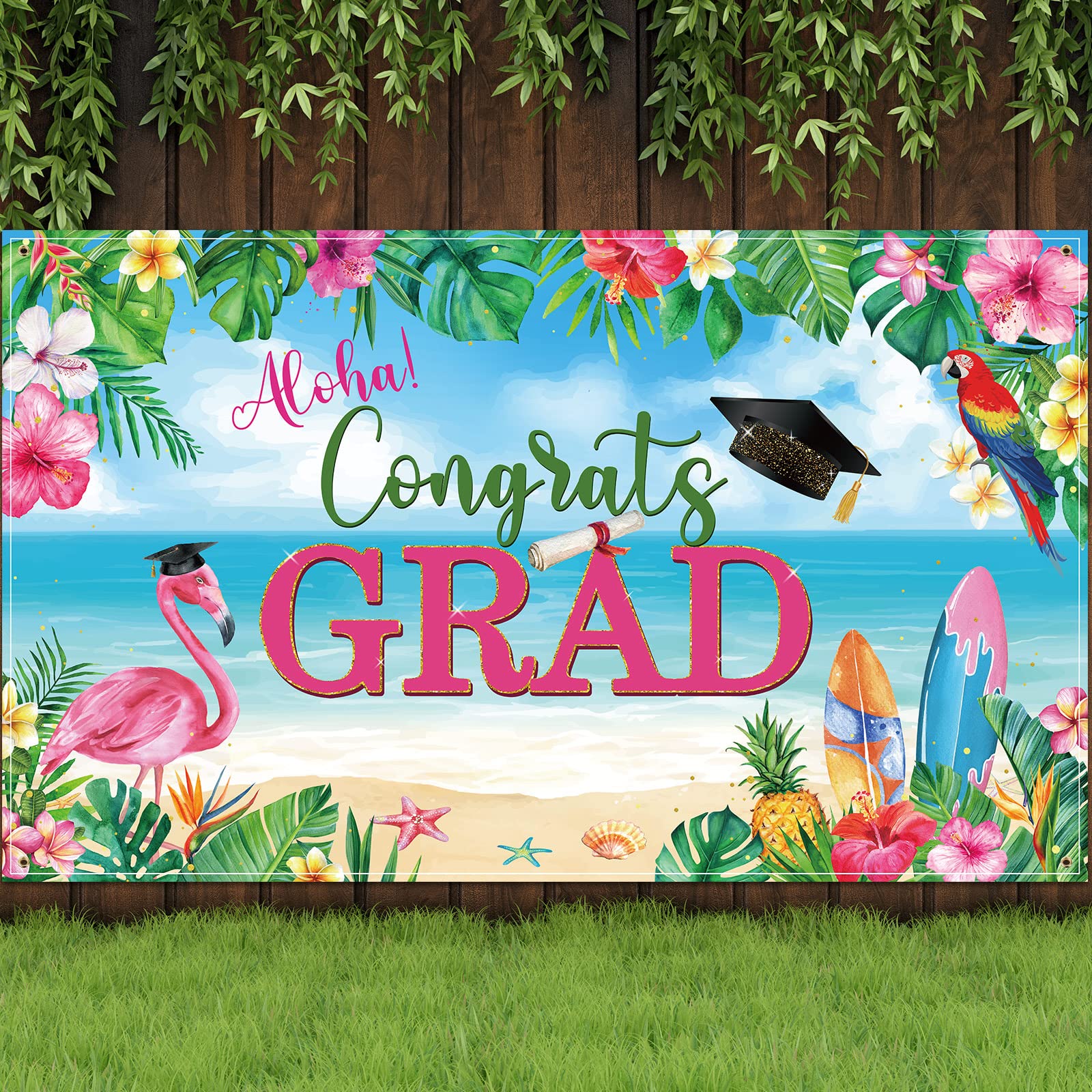 Bannière tropicale Congrats Grad Class of 2025 : grand fond photo de remise diplôme