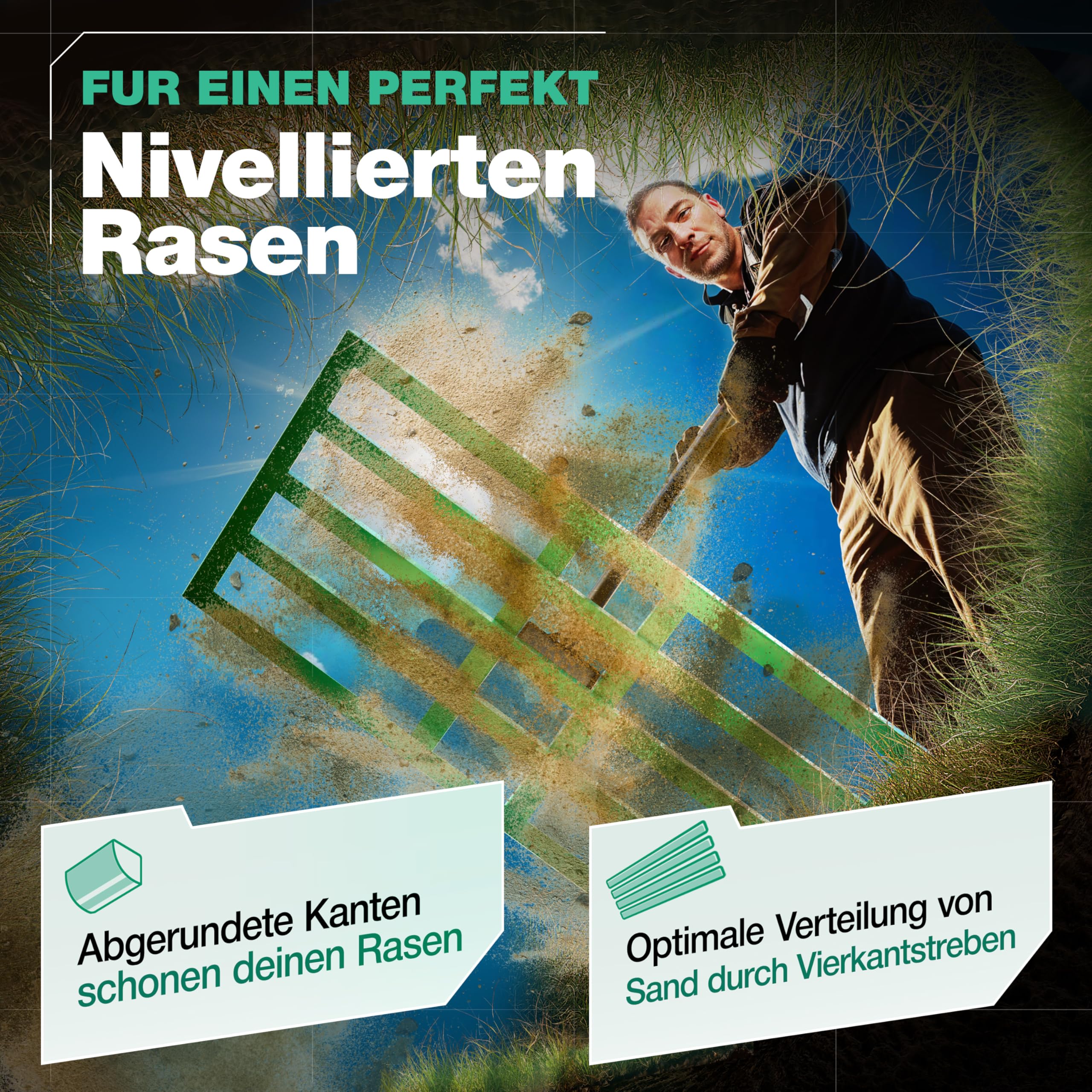 SMABIX® Rasenrakel 75x35cm mit Metallstiel Nivellierrechen Leveling Rake