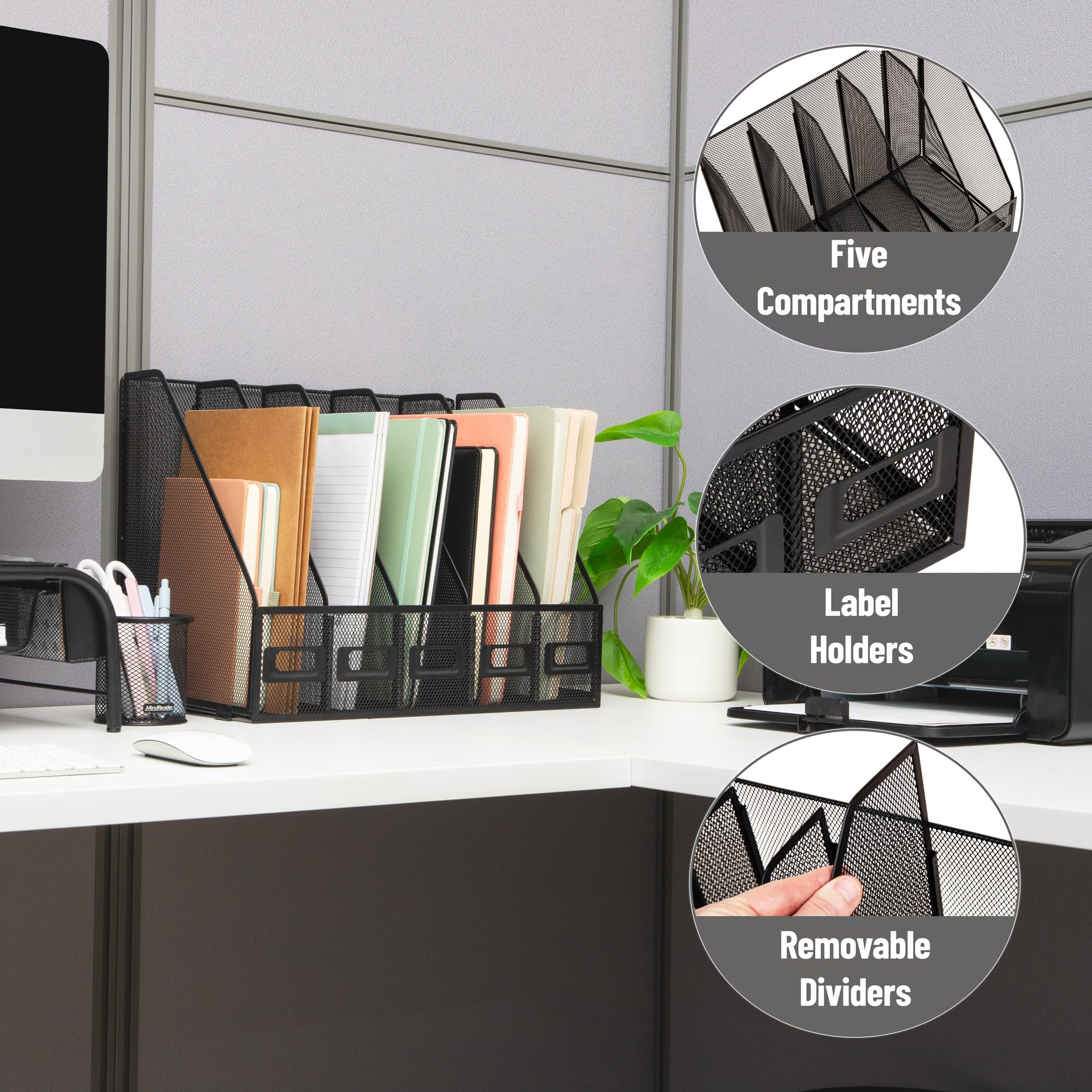 Mind Reader Organizer verticale a 5 scomparti, organizer da scrivania, per ufficio, rete metallica, nero