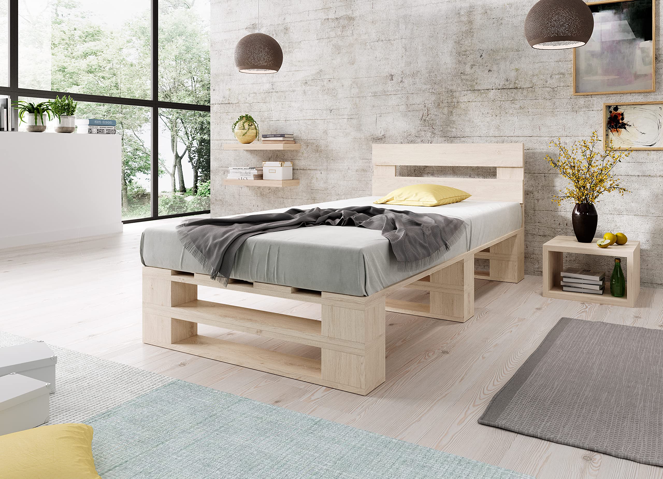 sunnypillow Palettenbett M2 aus Holz 100 x 200 cm mit Kopfteil und Lattenrost Stabiles Holzbett Seniorenbett Kinderbett erhöhtes Einzelbett Bettgestell Futonbett Komforthöhe Naturholz
