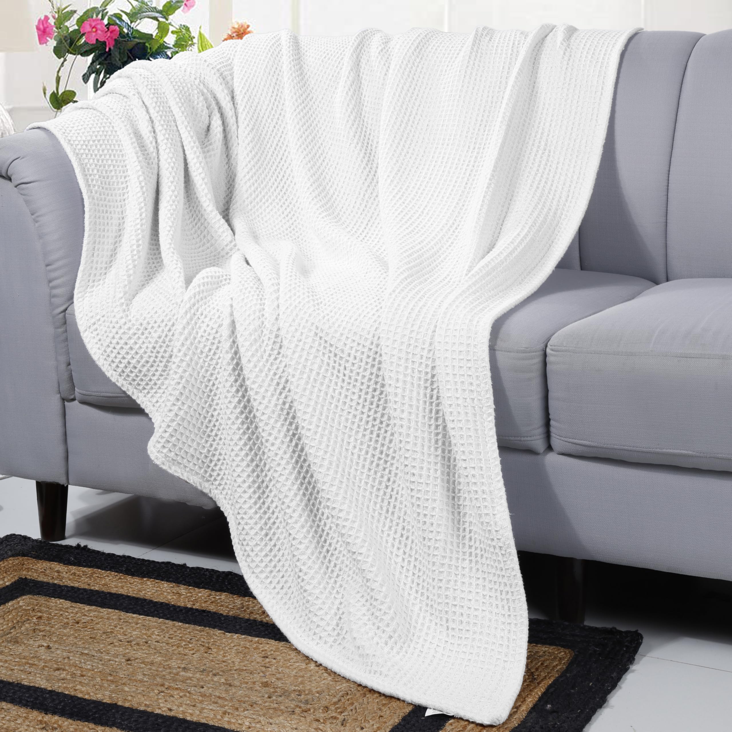 Bed Bath & Home 100% Cotton Waffle Weave Blanket - King Size 90x108, Lightweight & Breathable