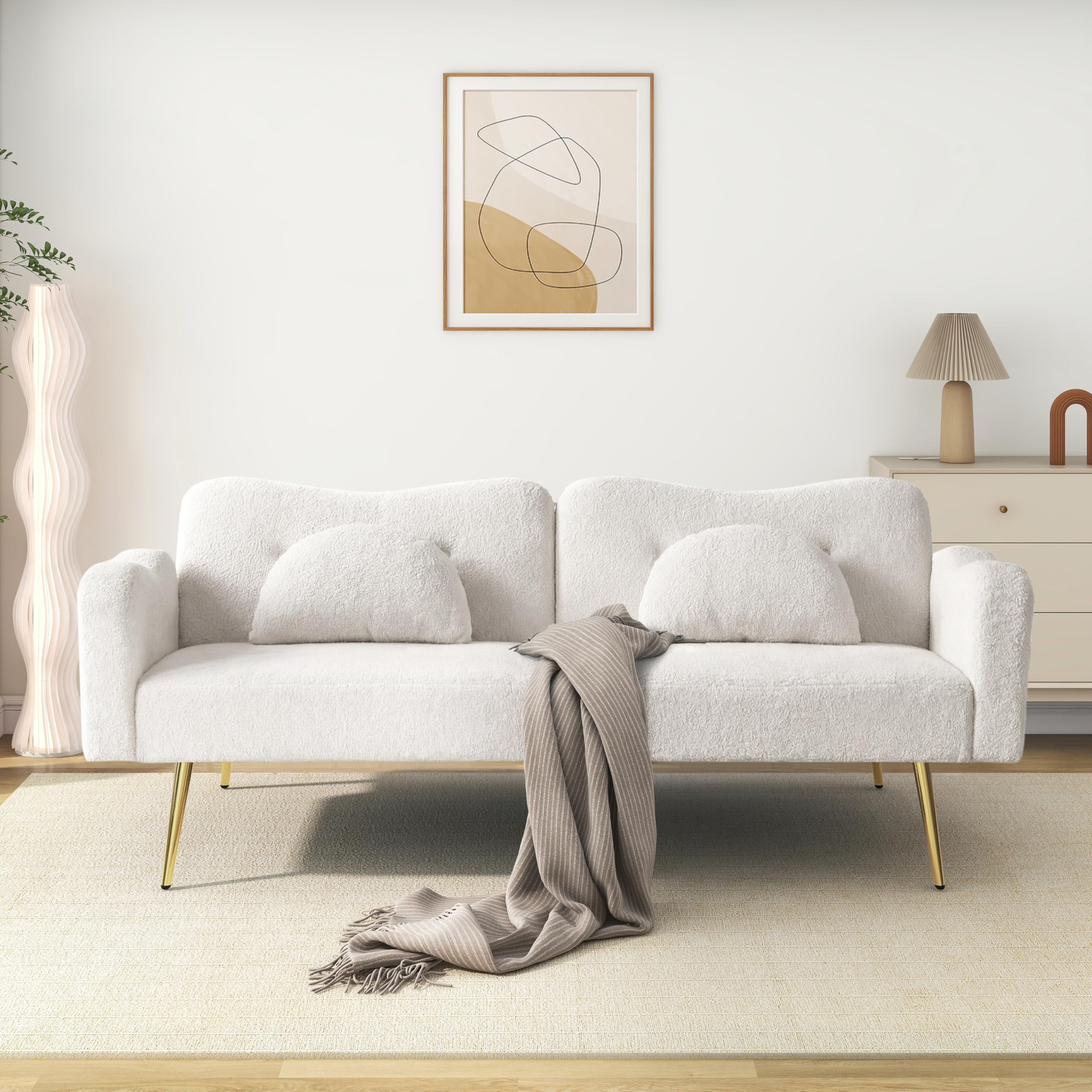Divano letto a 2 posti, moderno divano a due posti con schienale regolabile, piedini in metallo dorato, funzione letto integrata, mobile multifunzione 2 in 1, bianco
