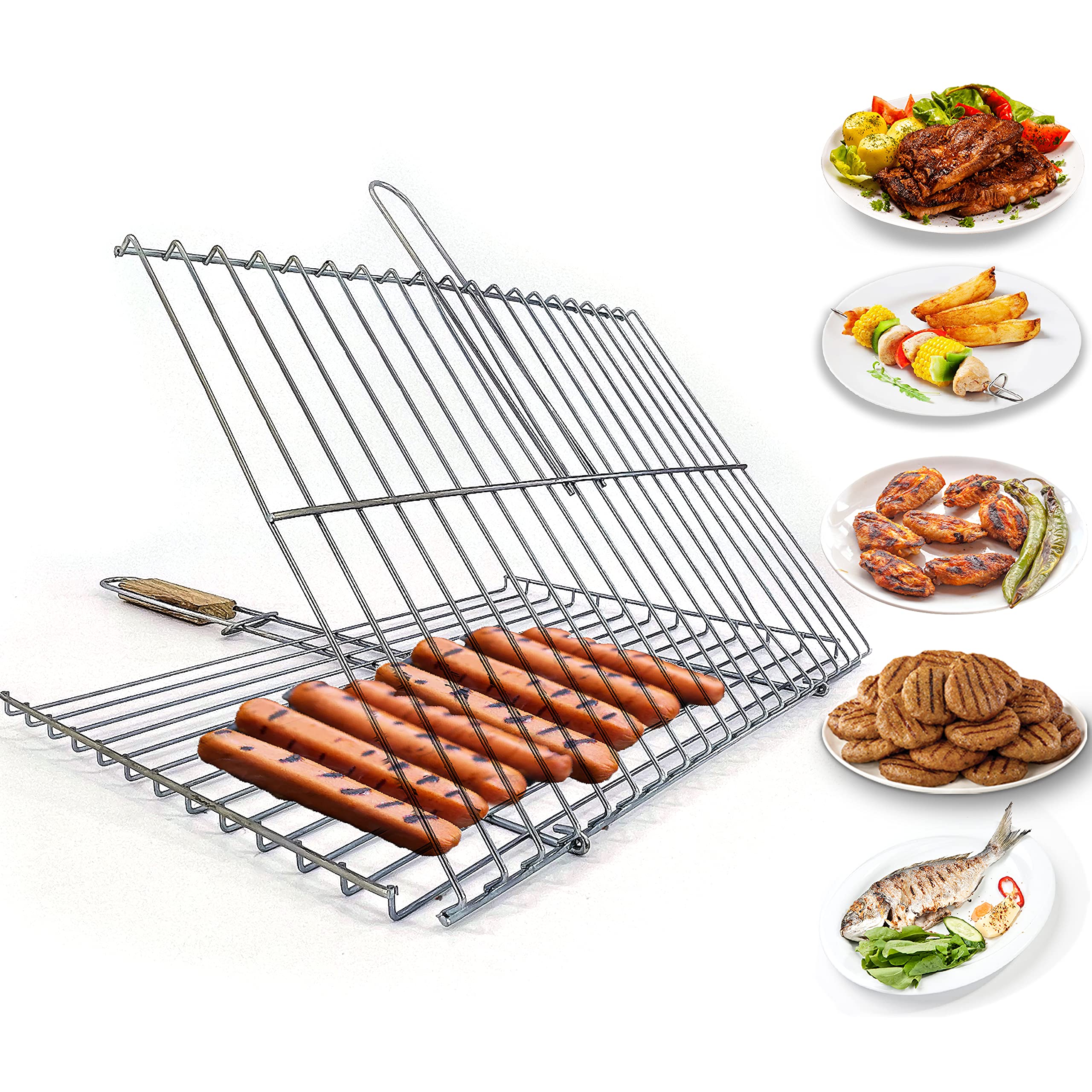 Hakan Grill Basket 11.8 x 15.8-inch for Outdoor Grill, Barbecue Basket for Fish, Steak, Chicken, Vegetables, Shish Kabob and Shrimp, Large Lockable Basket with Wooden Handle, Stainless Steel, BBQ