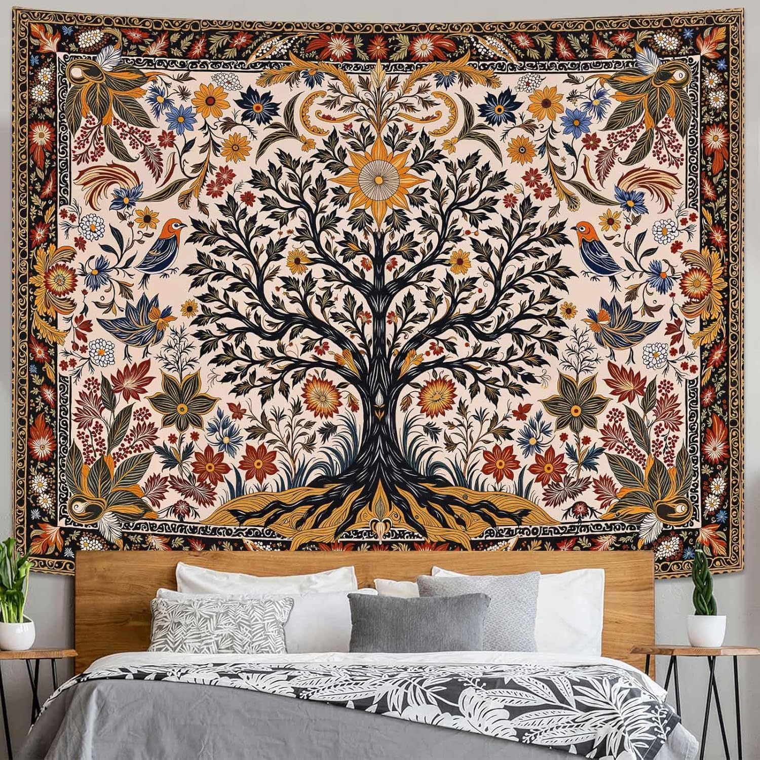 Lunerfex Folk Art Wall Tapestry - Tree of Life with Sun and Bird Wall Hanging for Bedroom and Living Room - Boho Floral Tapestries 80"x60"
