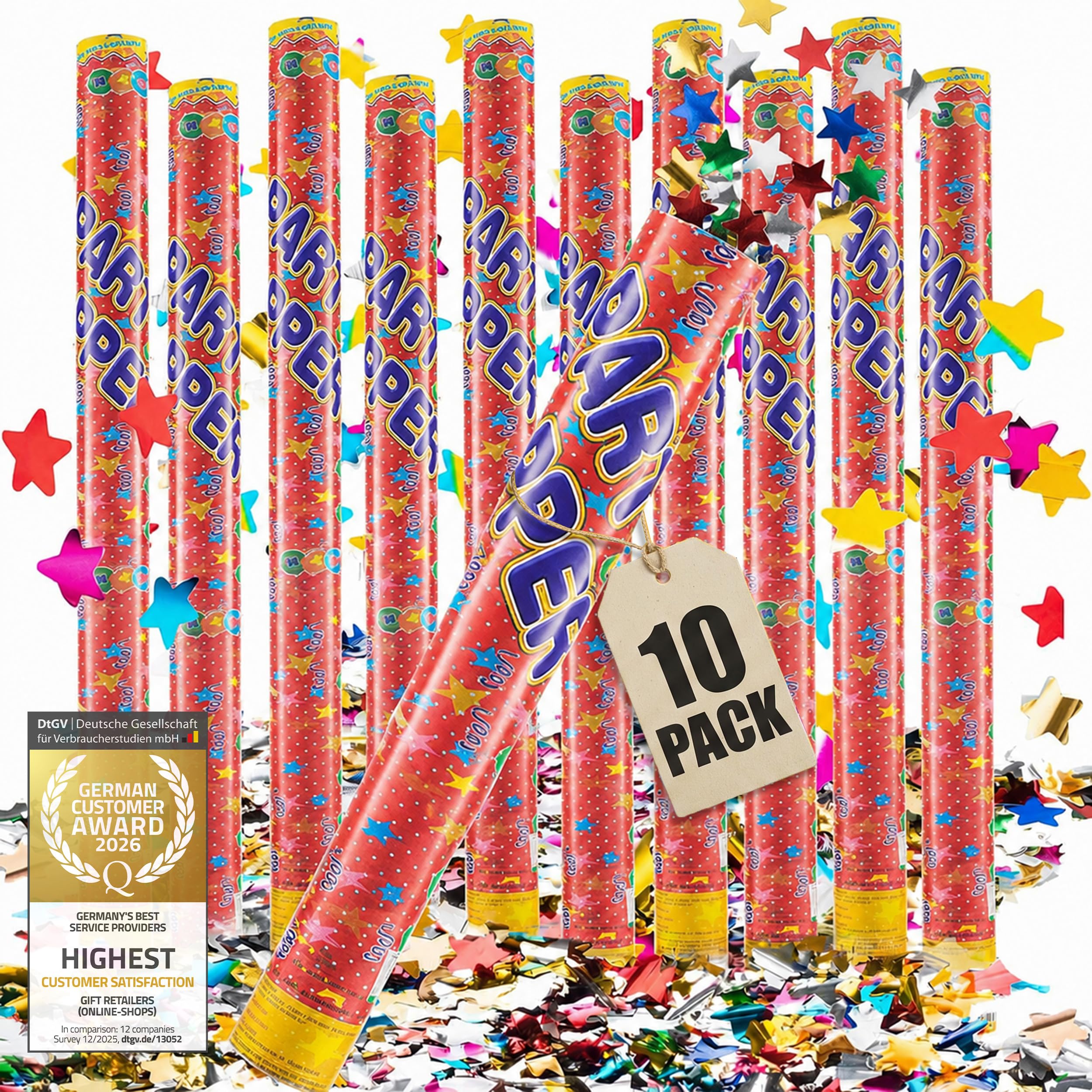 GOODS+GADGETS® Konfetti Armata XXL 100 cm – Party Popper 10er Set | Kolorowa strzelanka konfetti do 8 m – bez pirotechniki, metaliczna folia ognioodporna