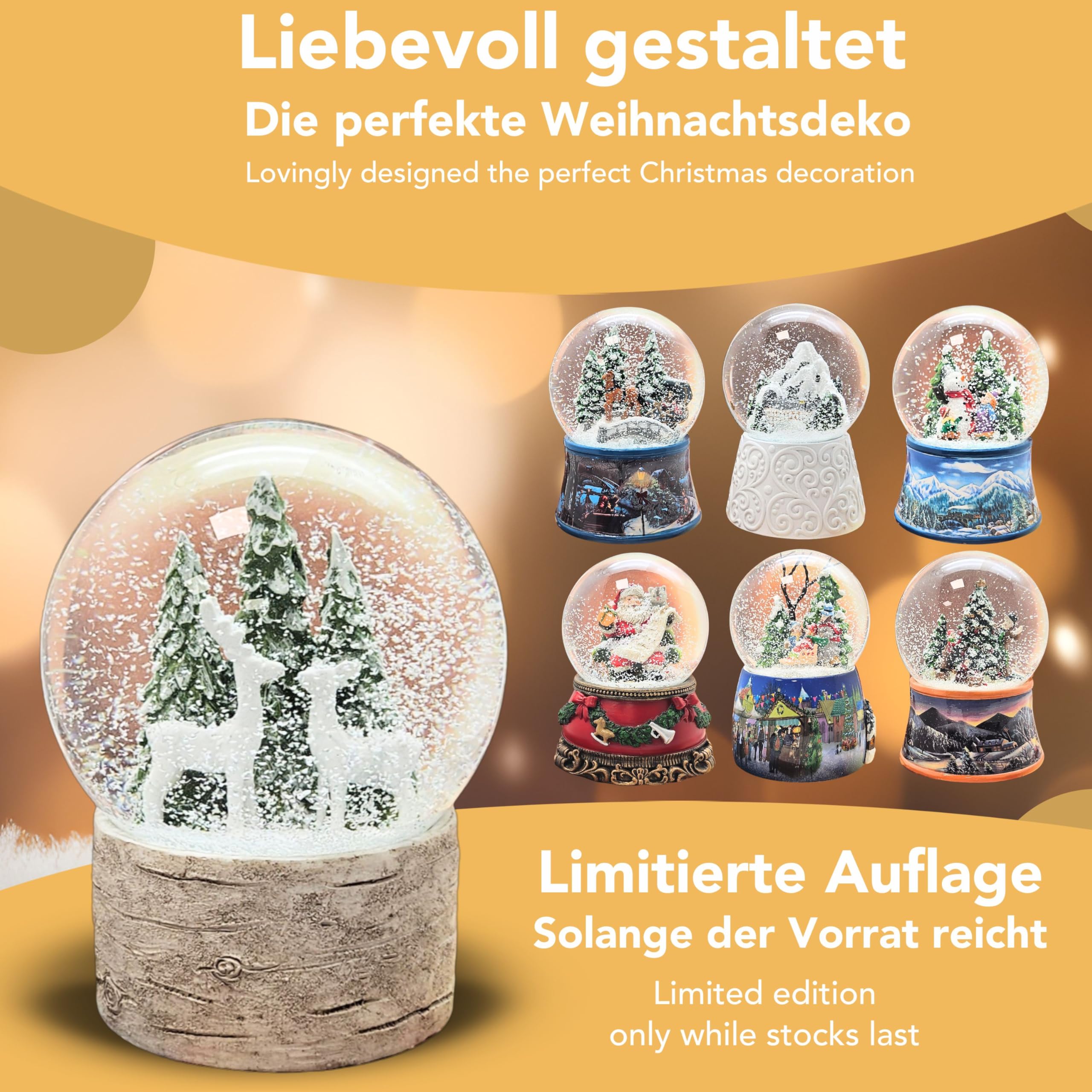 Boule à neige de Noël | Magie de chalet Deux cerfs Sapin de Noël | Socle aspect bois | Hauteur : 12 cm Largeur : 10 cm | 20295 (2 cerfs socle bois)