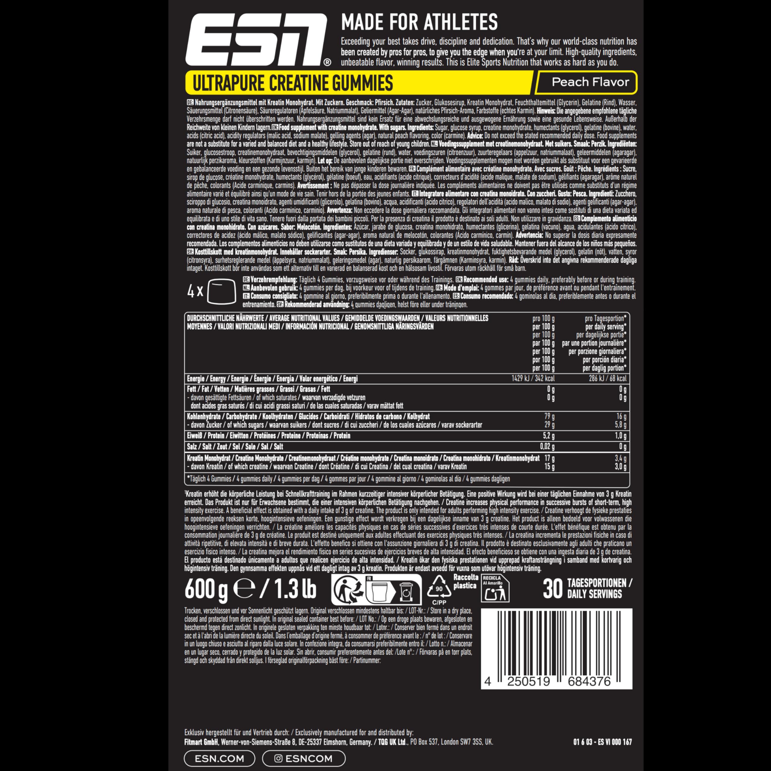 ESN Ultrapure Creatine Gummies, 120 Gummies, 30 Portionen, Peach, mit 3,4 g Kreatin Monohydrat pro Tagesportion