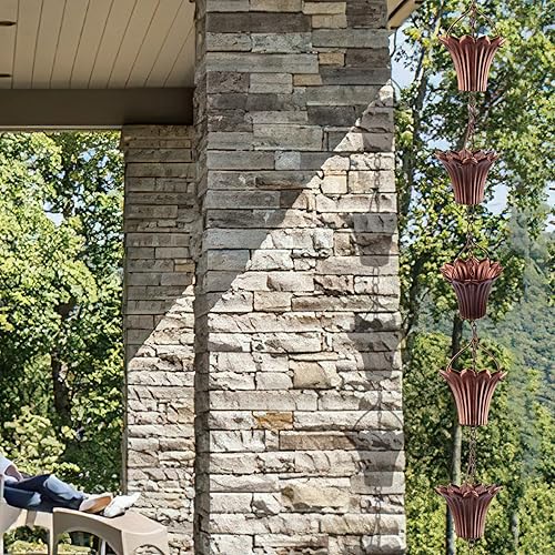 Miniatura 5 de Cadena de lluvia chapada en cobre de 8 pies para bajantes exteriores, atrapador de lluvia ajustable para canaletas de jardín, campanas de lluvia en