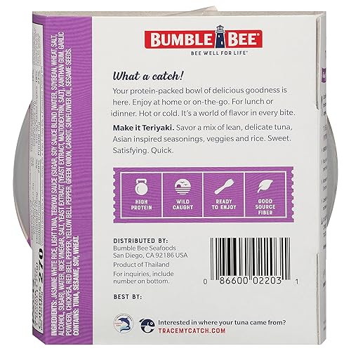 Miniatura 8 de Bumble Bee Quick Catch Teriyaki - Tazón de atún y arroz, 6 onzas (paquete de 6)  Listo para comer, tenedor incluido  0.53 oz de proteína por porción
