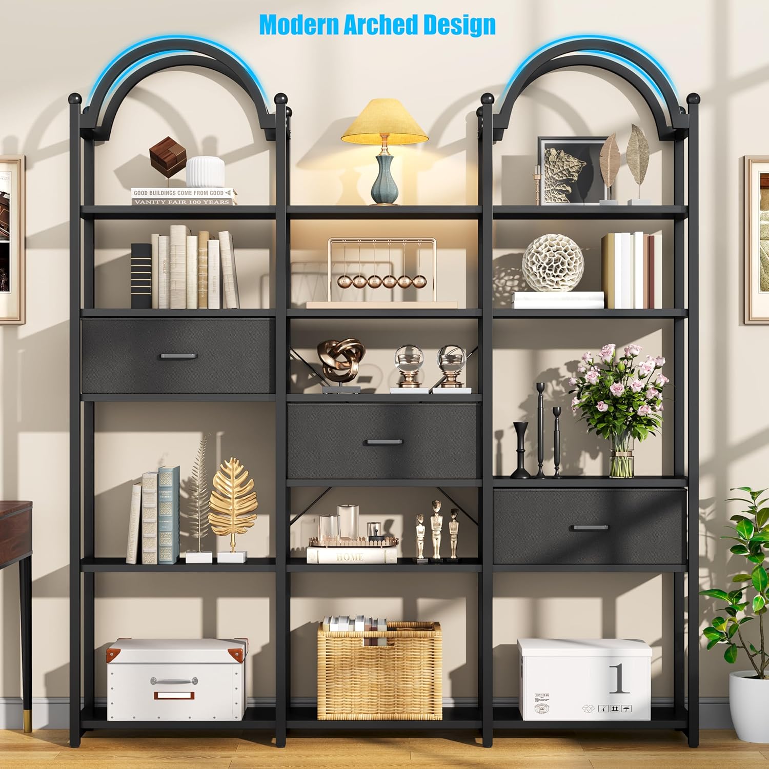 Nosepen 83.5" Tall Arched Bookshelf with 3 Drawers and 13 Storage Shelves, Industrial Open Book Shelf with Display Shelves, Large Etagere Bookshelf, Triple Wide Book Case for Home & Office, Black