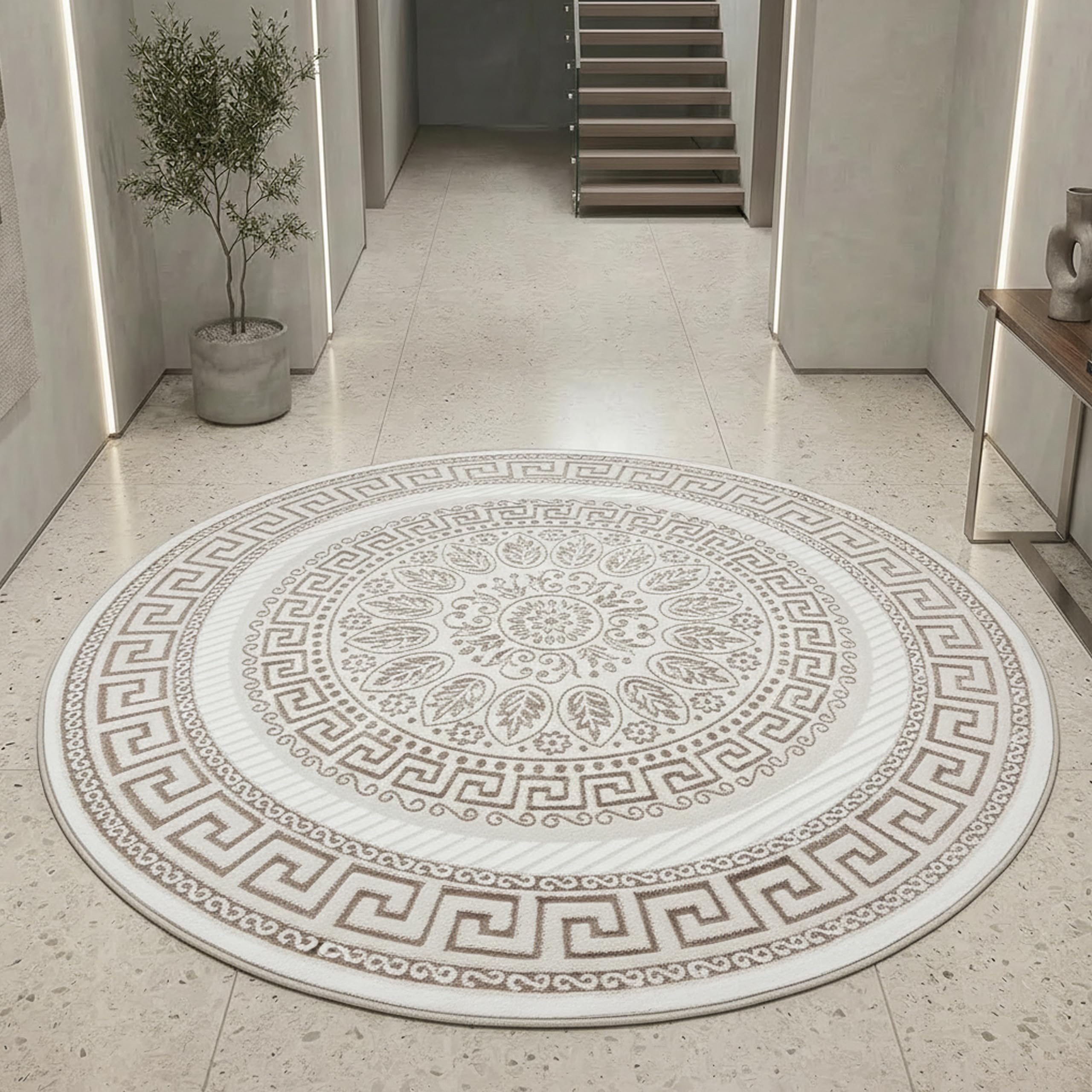 Teppich-Traum Séjour Chambre Tapis Grand à Poils Courts Design Moderne Noble Orient Brillant Ornements Crème Beige 200 cm Ronde