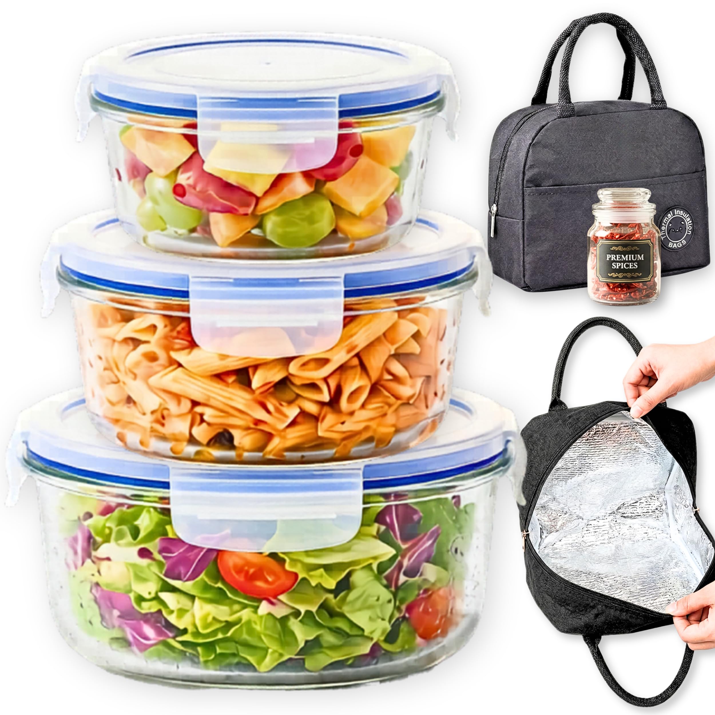 ALTITUDE Borosilicate Round Glass Food Container Set with Airtight Locking Lids, 900ml 600ml 375ml, Insulated Tiffin Bag & 120ml Glass Jar, Microwave Oven Freezer Safe