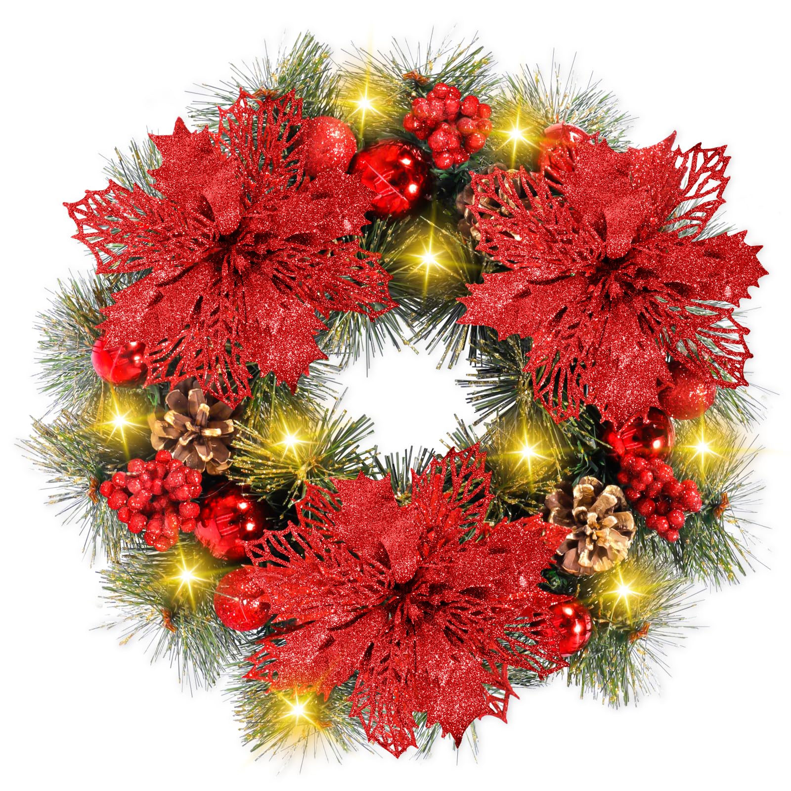 Coronas de Navidad 30 cm, Corona de Puerta Navideña con Luces 30 Leds, Corona de Navidad con Piñas de Abeto, Adorno Guirnalda Navidad para Chimeneas, Ventanas, Puertas, Paredes