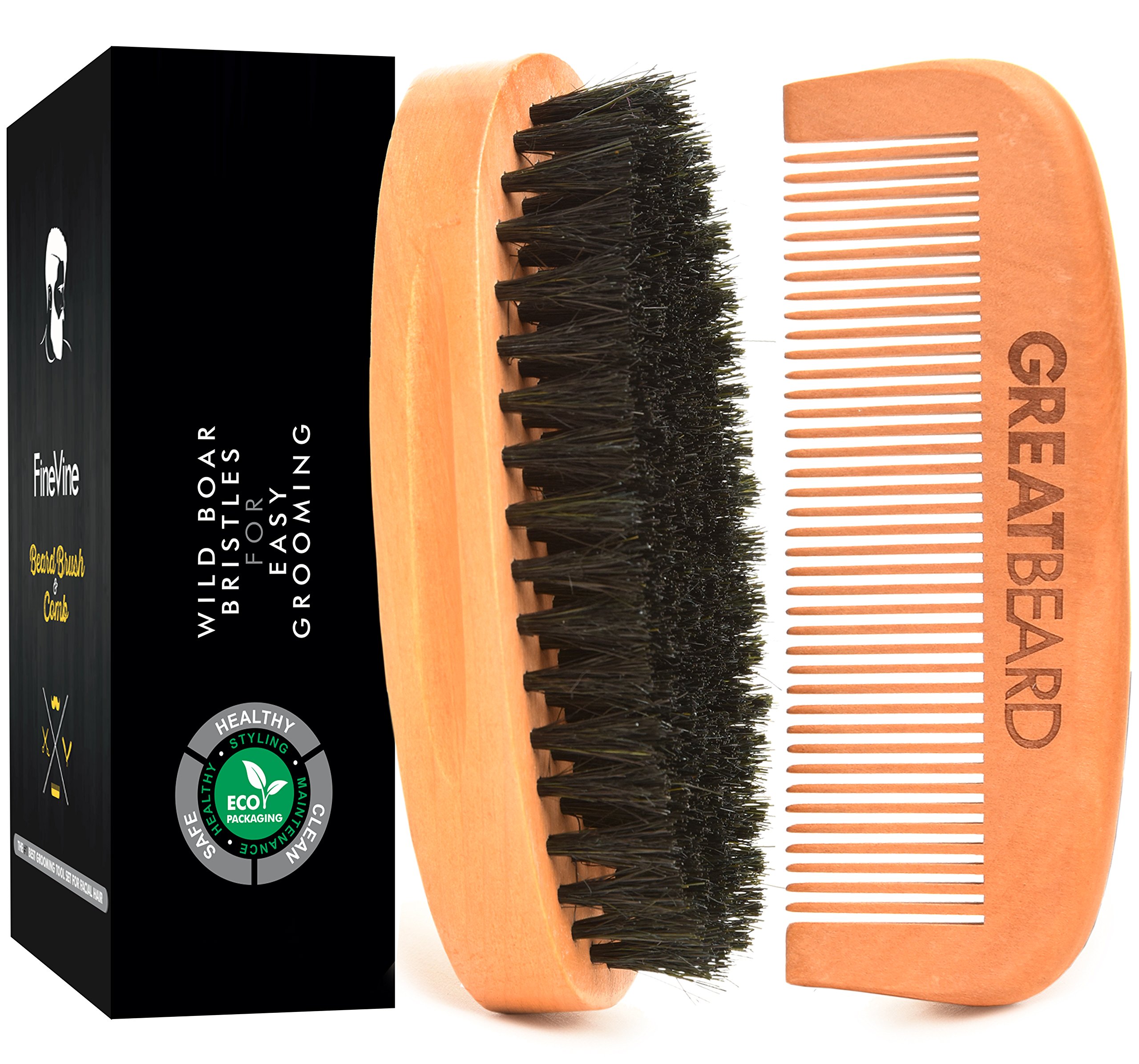 Beard Brush & Comb Kit for Men – With Wild Boar Bristles for Easy Grooming. Use With Beard Conditioner or Softener to Get Perfect Facial Hair & Moustache Growth.