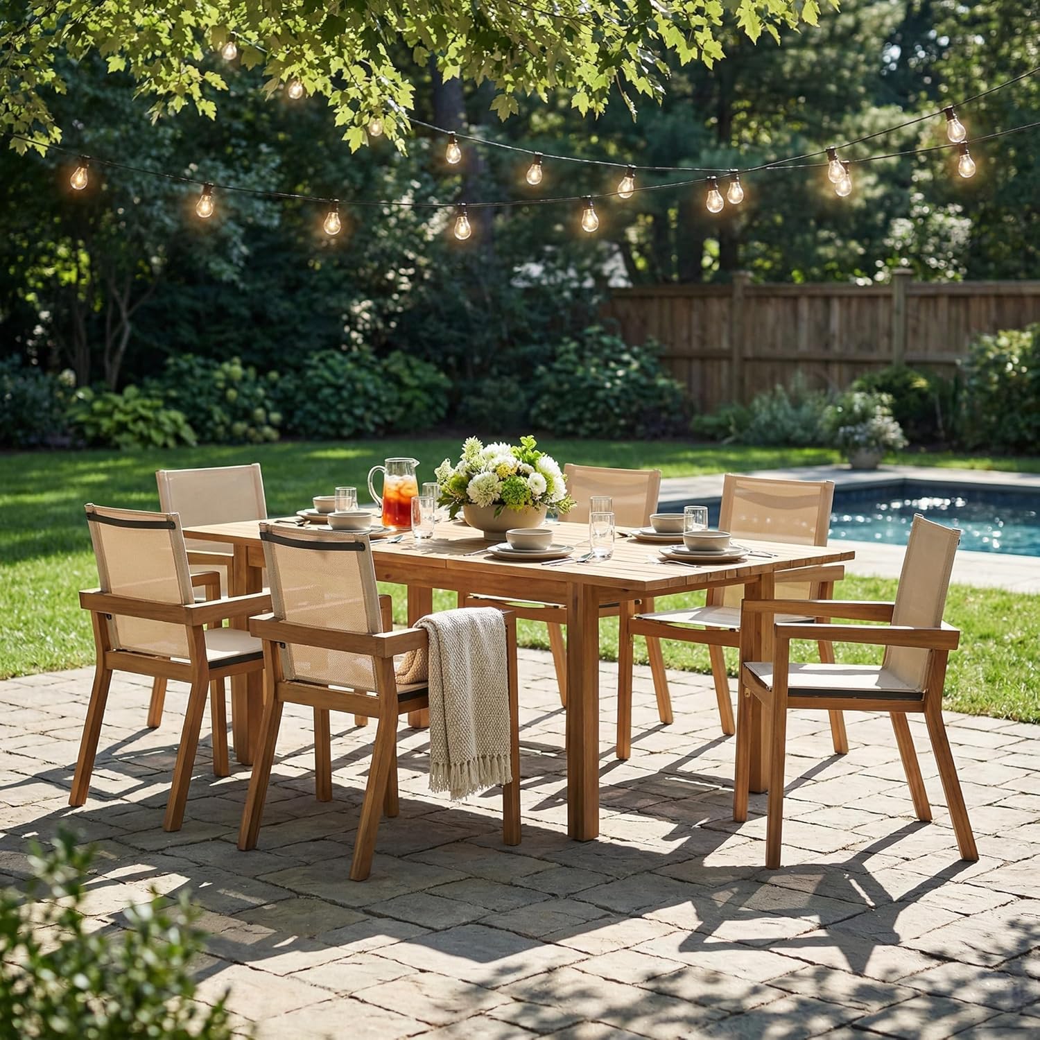 Acacia Wood Outdoor Dining Set, 7-Piece Furniture with 6 Chairs and Extendable Table for Patio, Garden, Poolside, Beige Finish