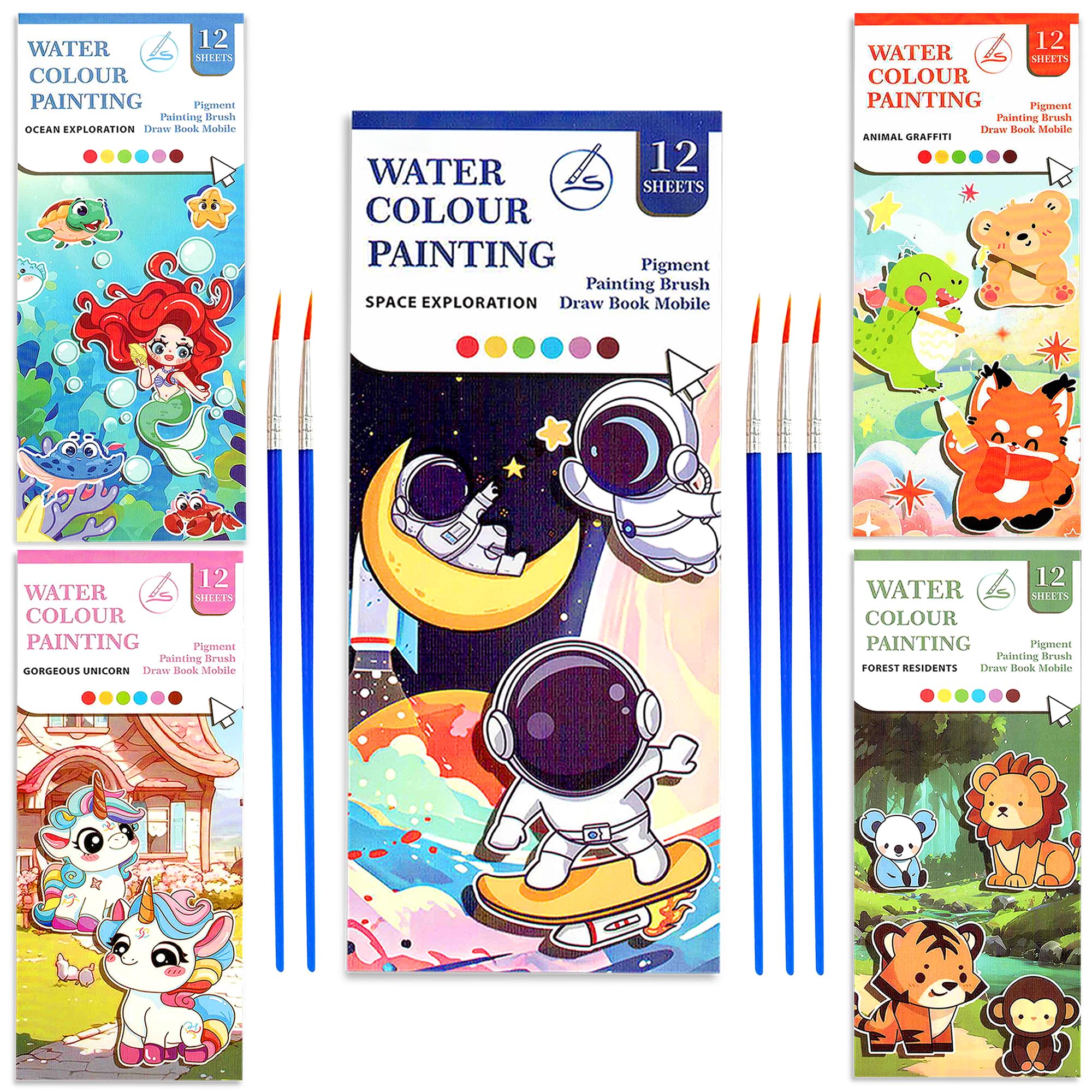GLUN® Watercolour Painting Notepad Pack of 5 for Kids, 12 Different Pages, Water Painting Notepad with Water Colour Patches & Painting Brush, 5 Different Theme Painting Note Pad