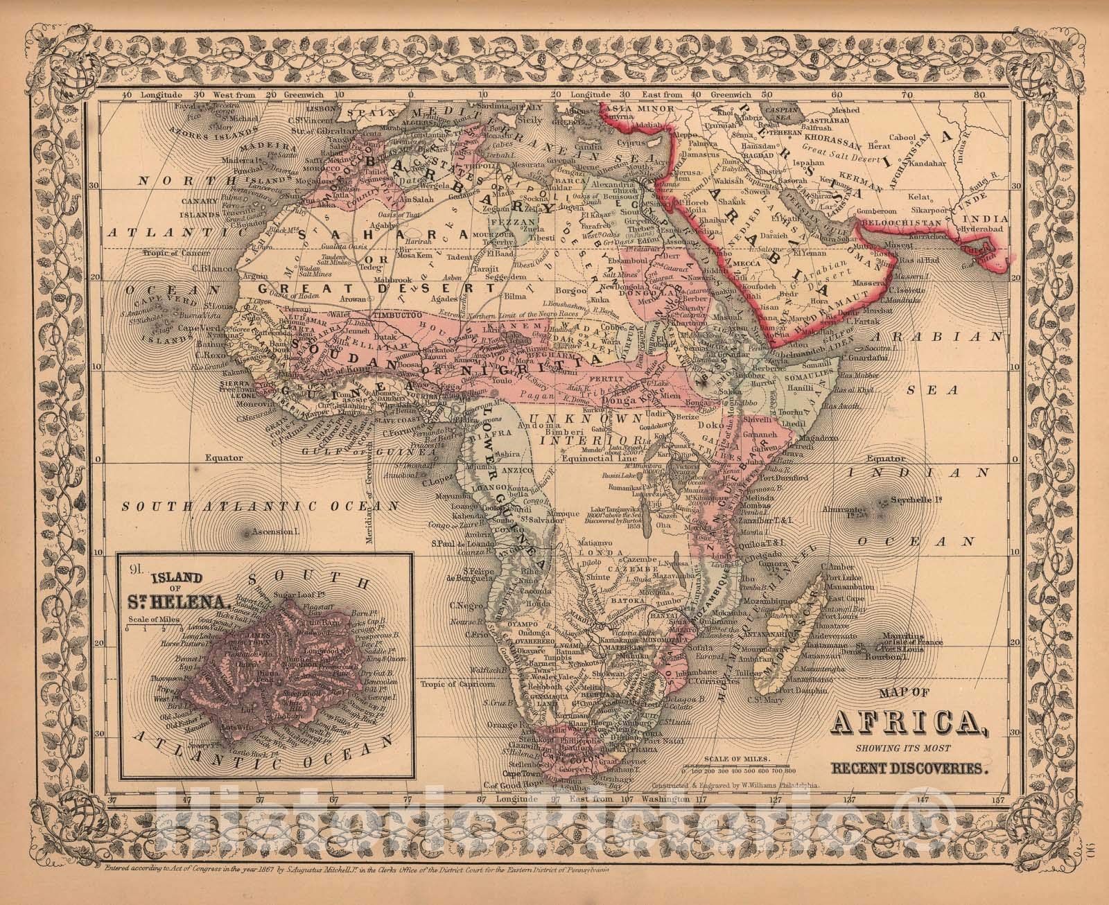 Historic Map - Map of Africa Showing Its Most Recent Discoveries, 1867, Samuel Augustus Mitchell Jr. - Vintage Wall Art 44in x 36in