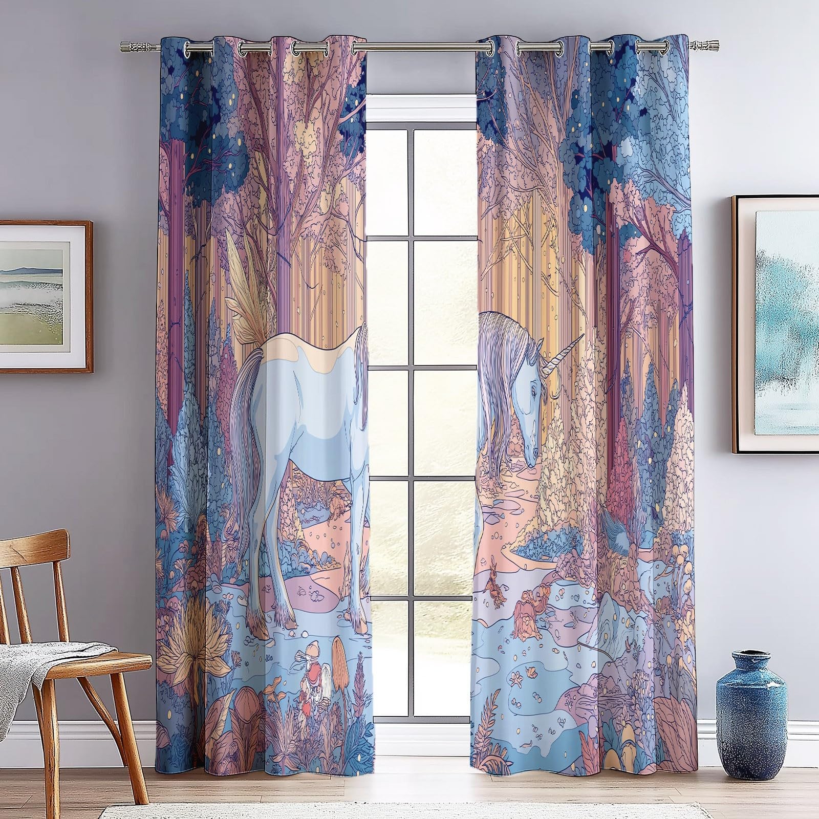 Rideaux à Oeillets 70L X 240H cm (2 Panneaux), Licorne De Dessin Animé, Isolant Opaque pour Balcon et Porte-Fenêtre, Jaune Clair