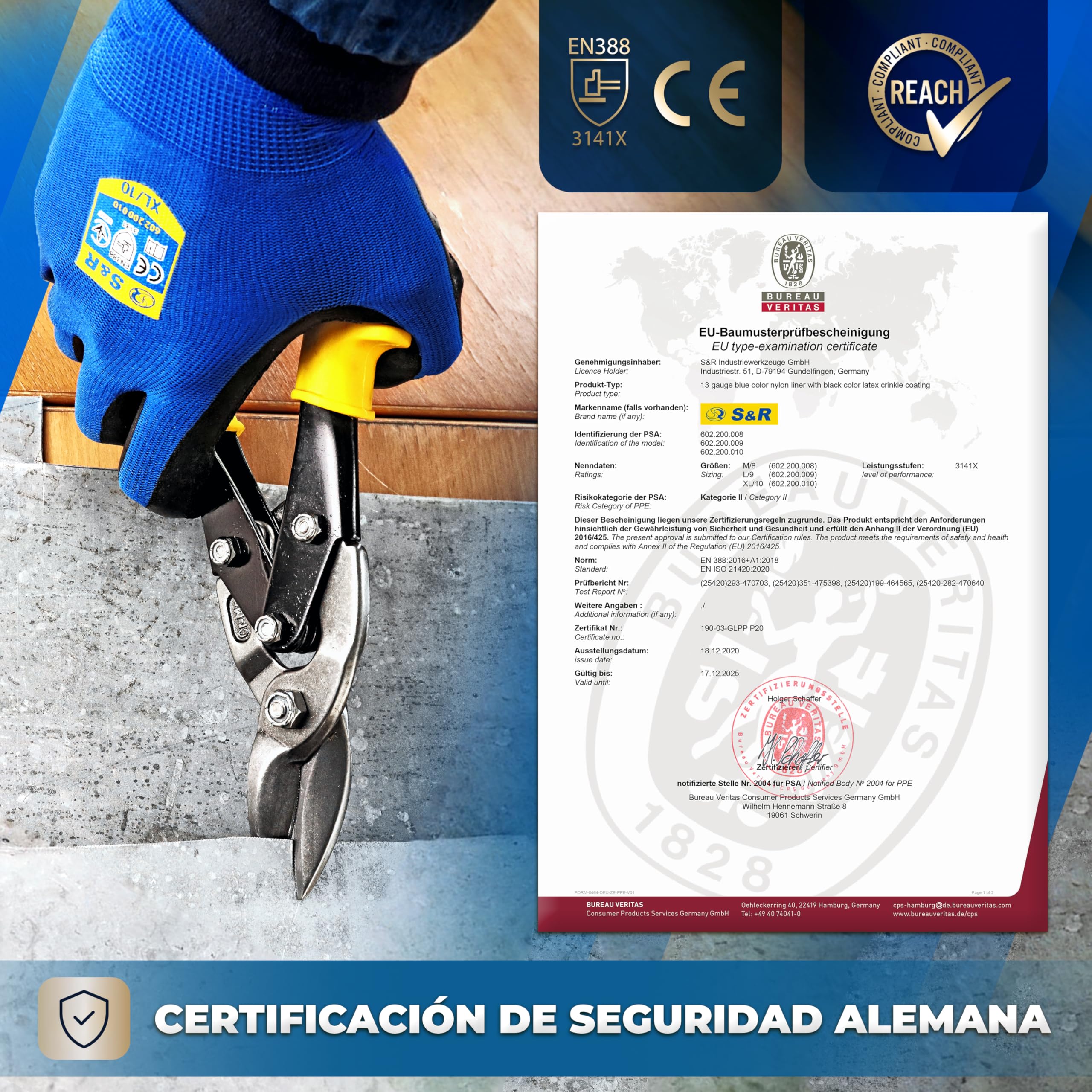 S&R Guantes de Trabajo Hombre 12 PARES Talla L / 9 - Guantes de Securidad Nylon y Latex - 12 Pares