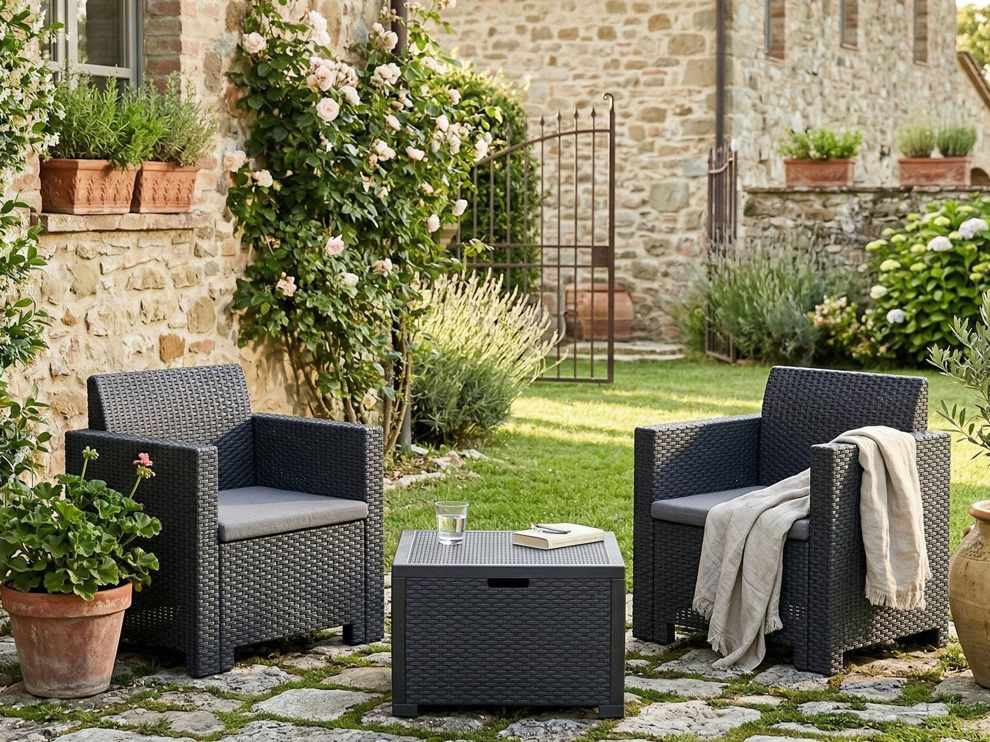 Dmora Salotto da Esterno Neptune, Set da Giardino con Cuscini, Salottino Indoor e Outdoor Effetto Rattan, 100% Made in Italy, Antracite
