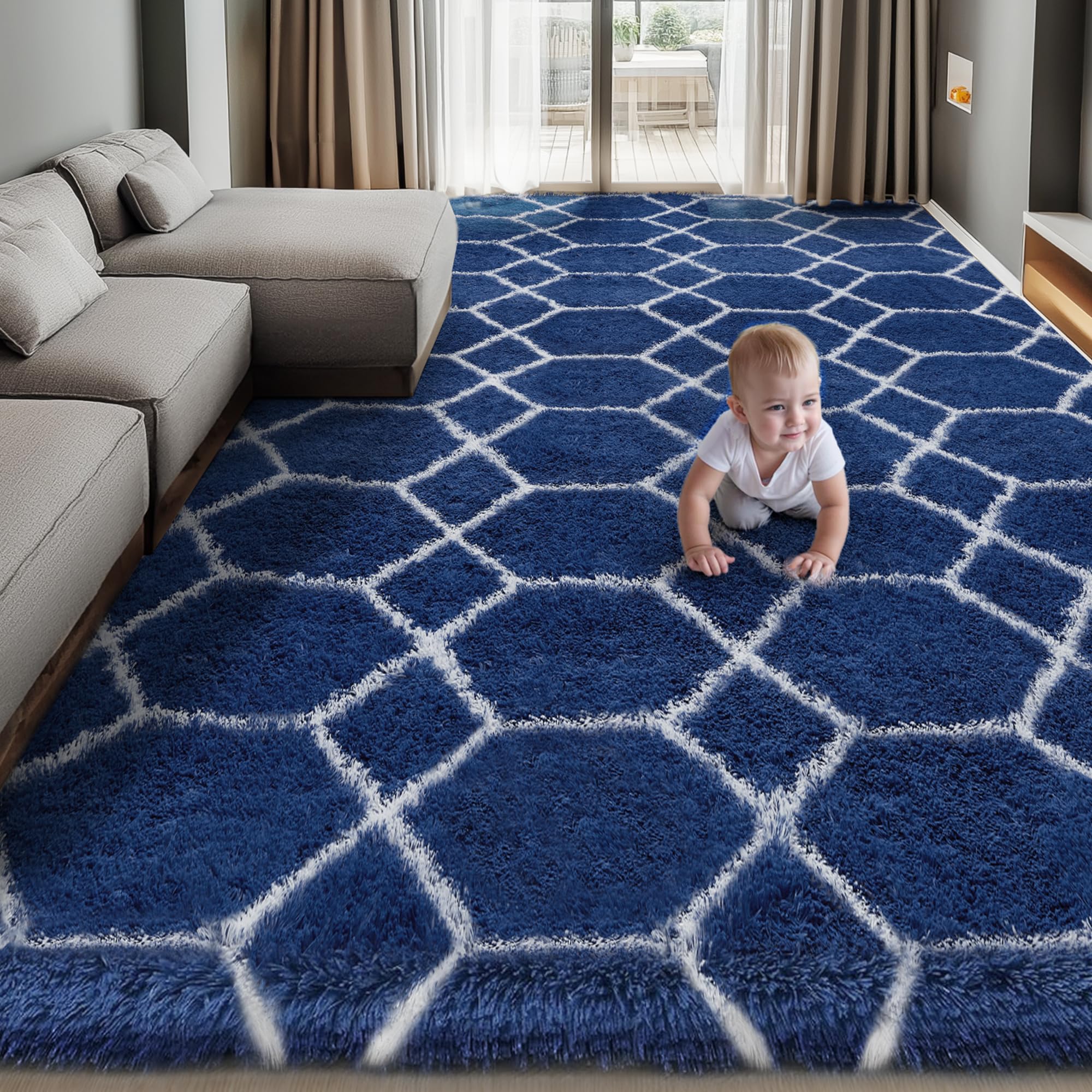 Area Rug for Living Room Bedroom, 8X10 Feet Soft Shaggy Rug, Plush Fluffy Rugs, Modern Moroccan Geometric Carpets, Anti-Skid Durable Carpet for Kids