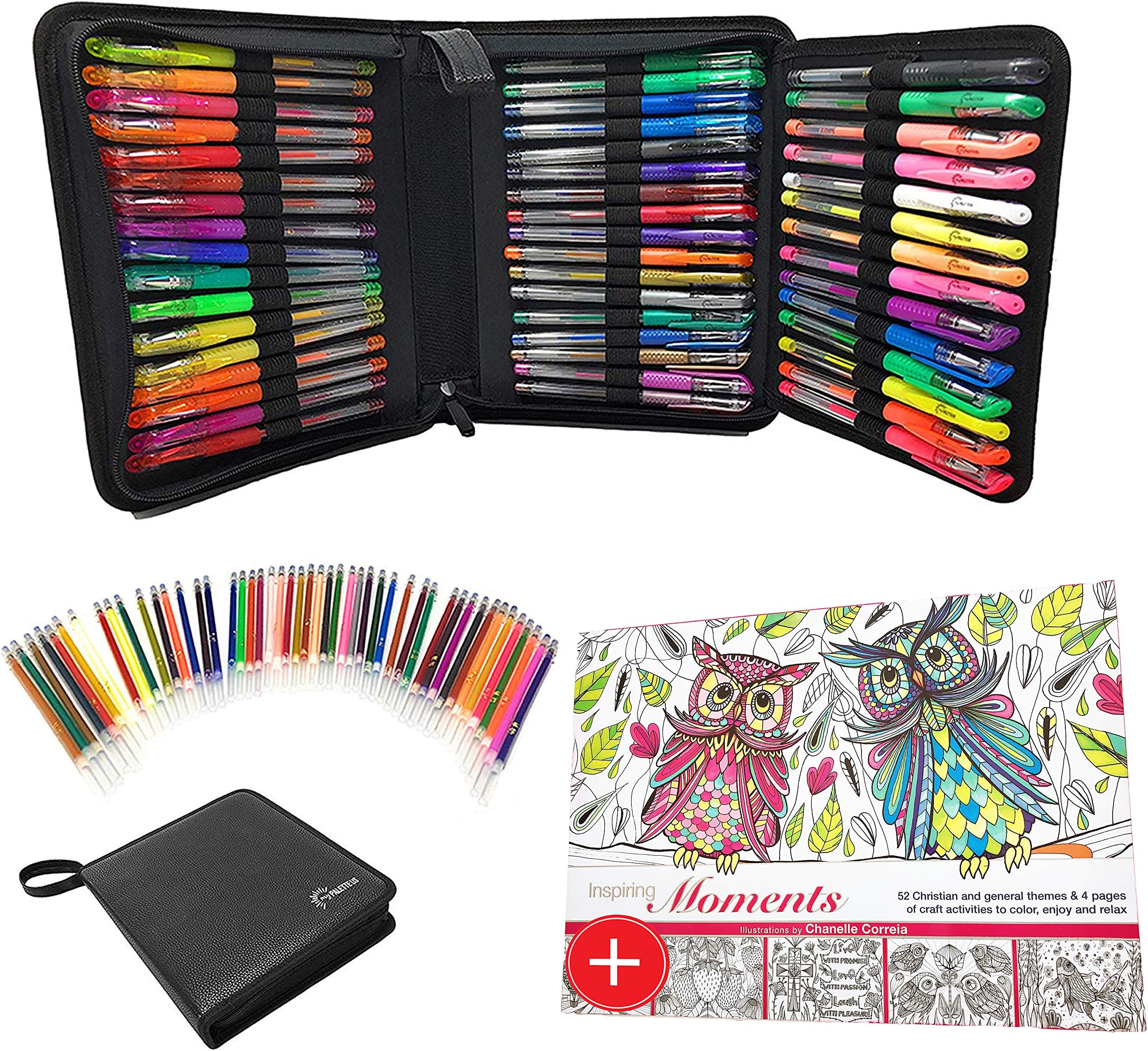 96 Color Artist Gel Pen Set Includes PU LEATHER CASE, COLORING BOOK AND 48 REFILLS, 48 Ink Gel Pens 24 Glitter 12 Metallic 12 Neon for Adult Coloring Books Drawing Doodling Crafts Journaling