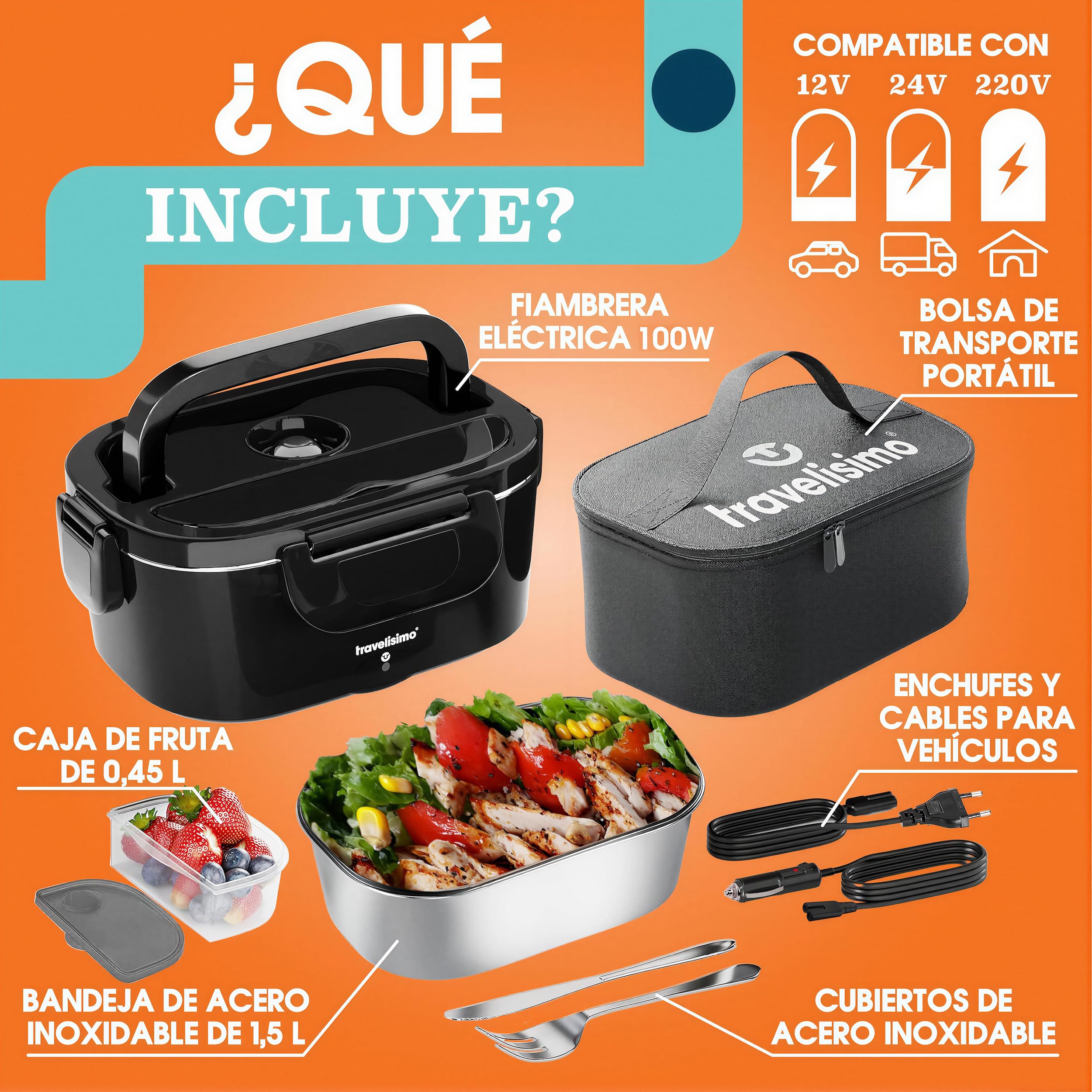 TRAVELISIMO Fiambrera Electrica 100W Taper Electrico para Comida 1,5L Fiambrera Termica 3 en 1 12V/24V/220V - Fiambreras Comida Trabajo Para Coche y Camión, Marmita Electrica en Acero Inoxidable