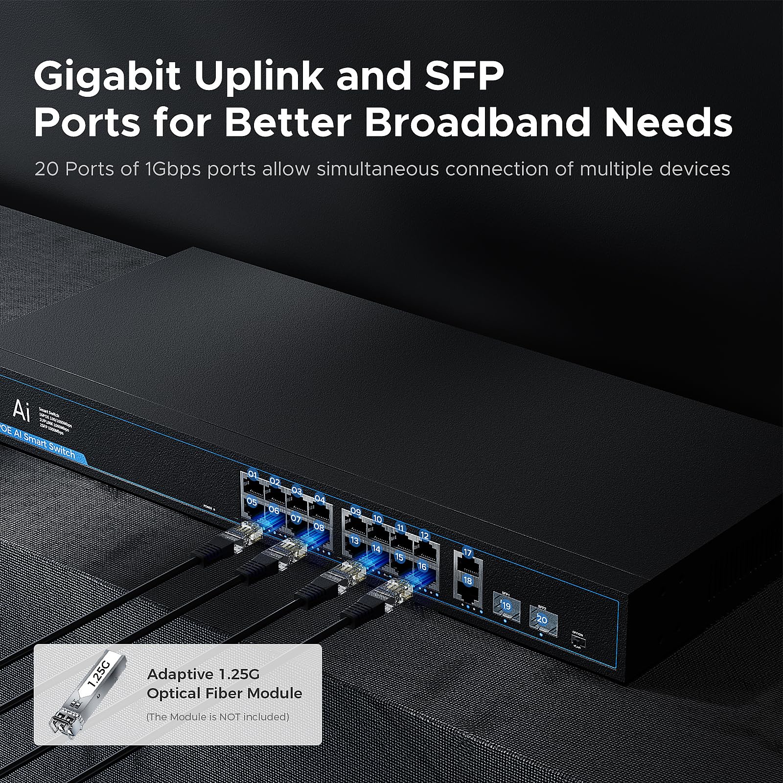 Switch di rete Gigabit a 20 porte con 16 porte PoE e 2 slot Uplink e 2 SFP - Conforme 802.3af/at, Plug & Play, ottimizzazione del traffico, design silenzioso senza ventola