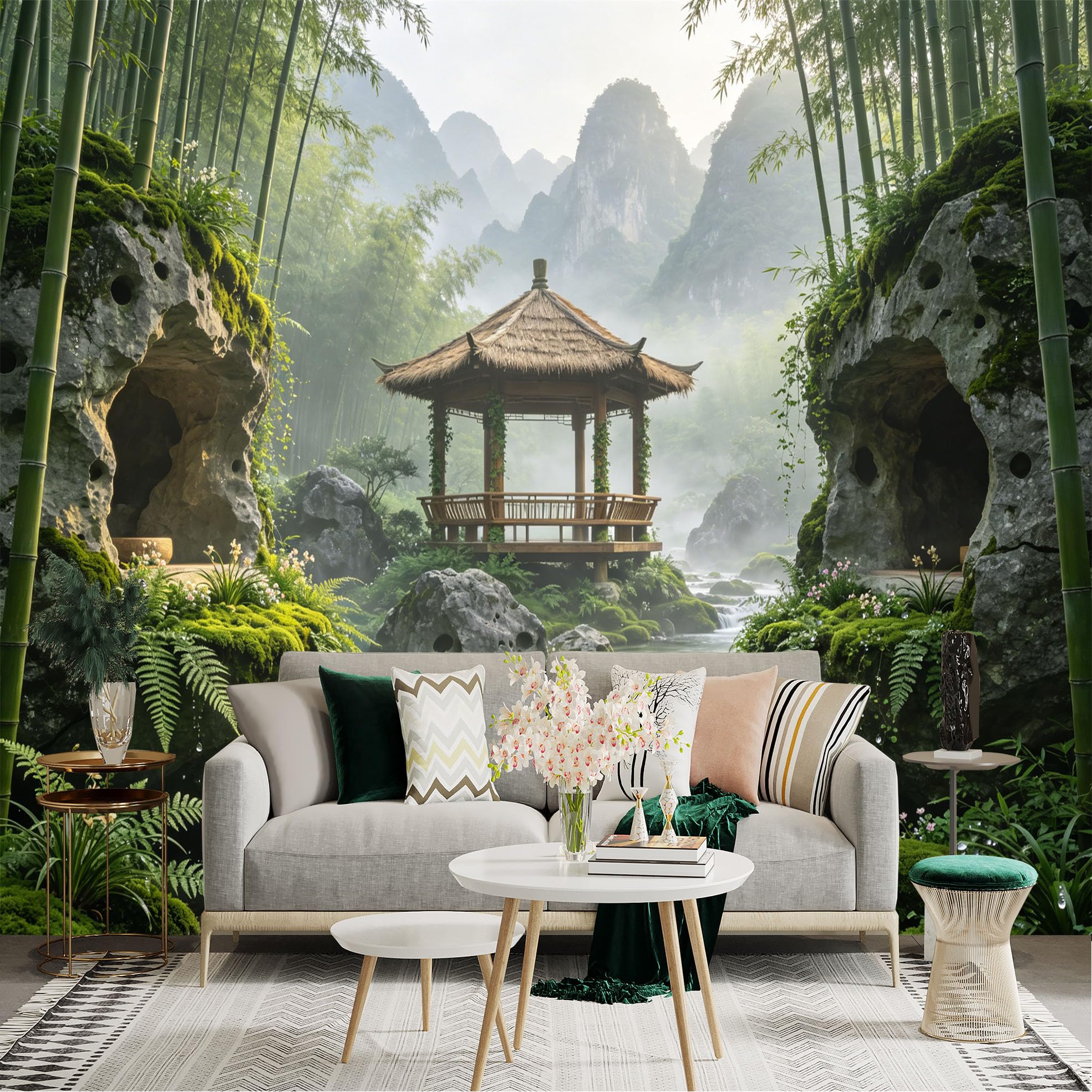 Custom Size Wall Sticker Mural， Bamboo Forest with Waterfall， Pavilion and Mountain Scenery， for wall Decoration， peelandstick wall Decals.