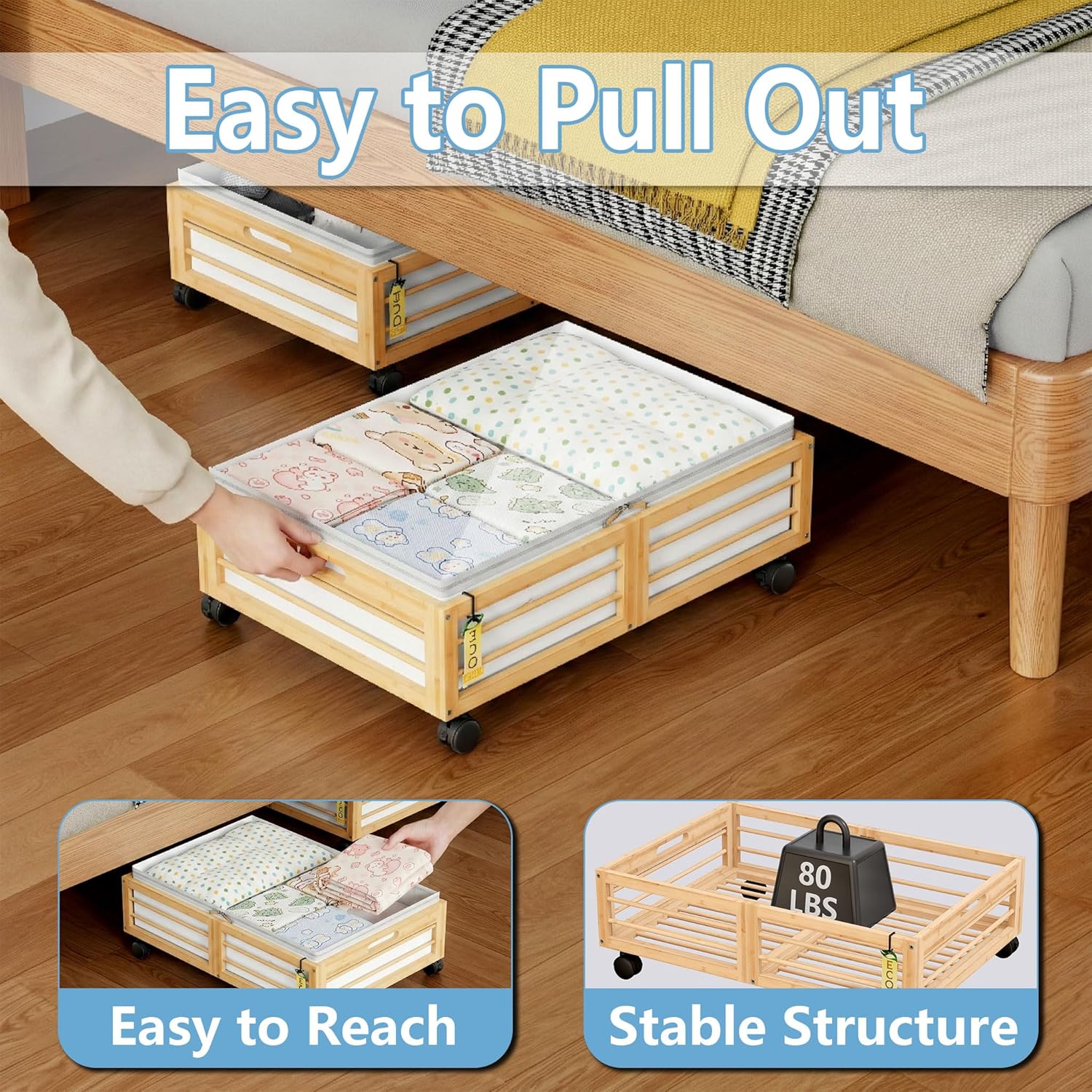 Under Bed Storage Containers with Wheels, Larger Bamboo Wood Under Furniture Storage Containers with Dust Bags，Rolling for Shoes Clothes