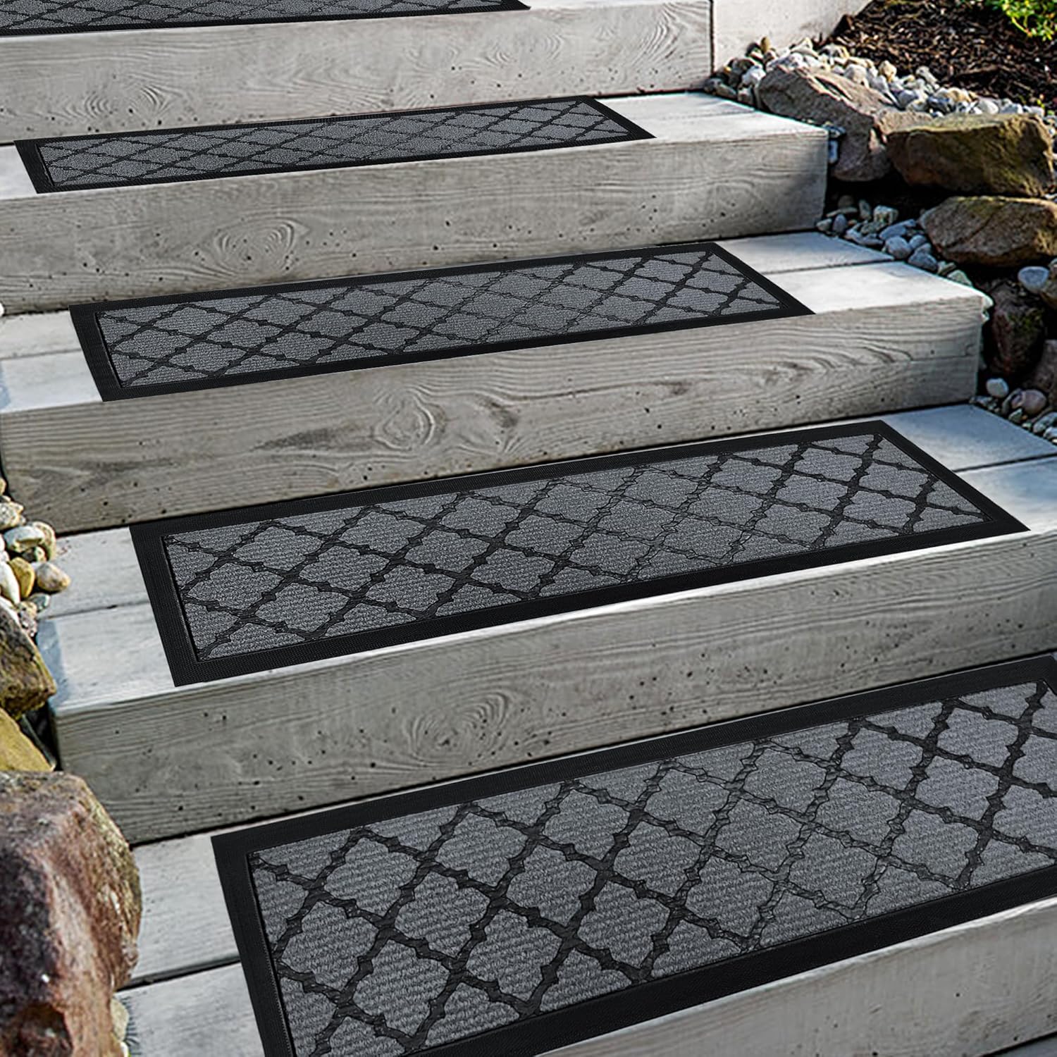 Aucuda 6pcs 8.5" x 30" Stair Treads Outdoor for Elders and Dogs on Wooden Steps, Non Slip Stair Runner Rug Heat Insulation Rubber Backing, Gray Lattice Staircase Mat Carpet for Indoor Grip Farmhouse.