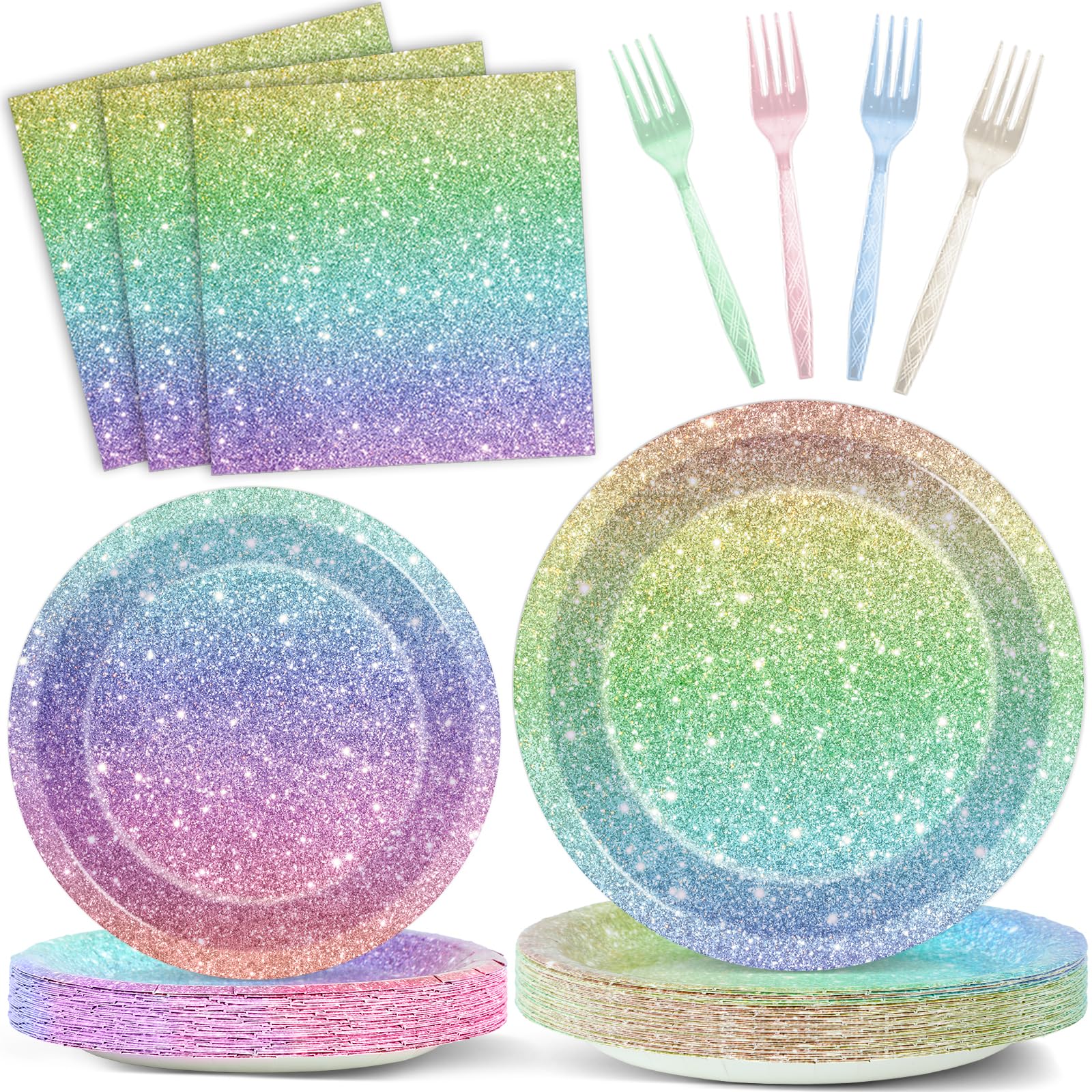 Rainbow Birthday Party Plates Napkins Forks Rainbow Glitter Tableware Set Happy Birthday Dinnerware Colorful Unicorn Glitter Supply for Kids Girls