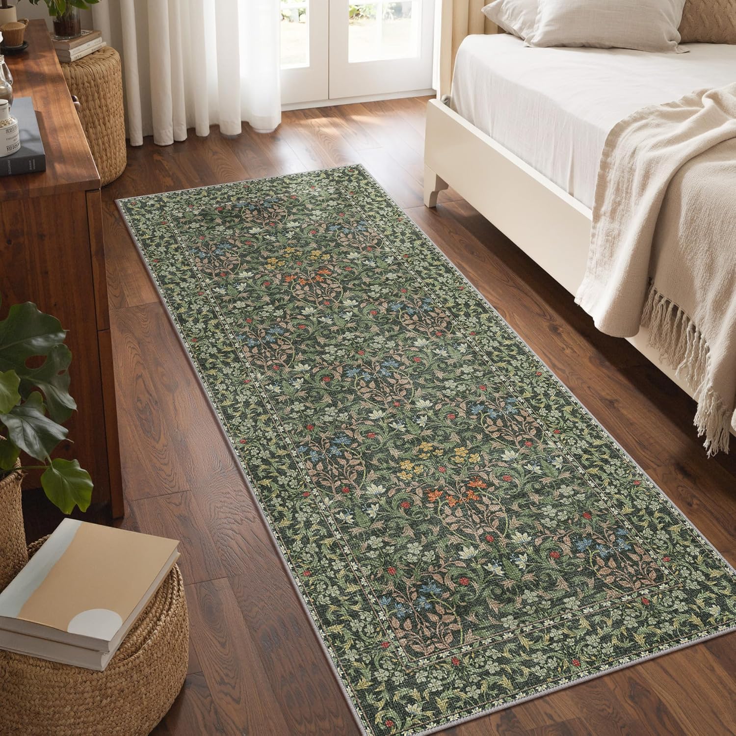 Bavni Boho Floral Kitchen Runner Rug 2x6, Washable Non Slip Thin Carpet for Hallway Bathroom Laundry Room, Ultra Soft Botanical Runner for Entryway, Modern Indoor Floor Decor, Emerald Green