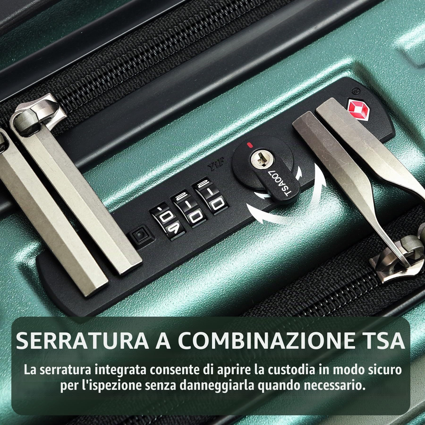 TydeCkare Trolley Bagaglio a Mano 55x40x20 cm, con Tasca Frontale, ABS+PC Rigido Ultraleggero Rigidità 4 Ruote Silenziose, Chiusura a Combinazione, Verde Scuro