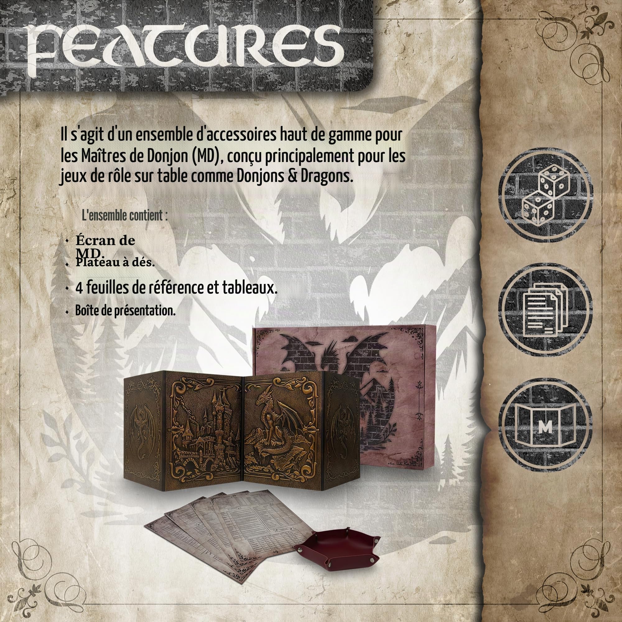 Ecran Maitre du Jeu Dungeon Master avec Bac à Dés DOJA Hobbies, DM Screen DND MJ Pliable 4 Panneaux en Simili Cuir Cuivre avec Inserts Personnalisables, Accessoire Donjons et Dragons Jeu de Rôle