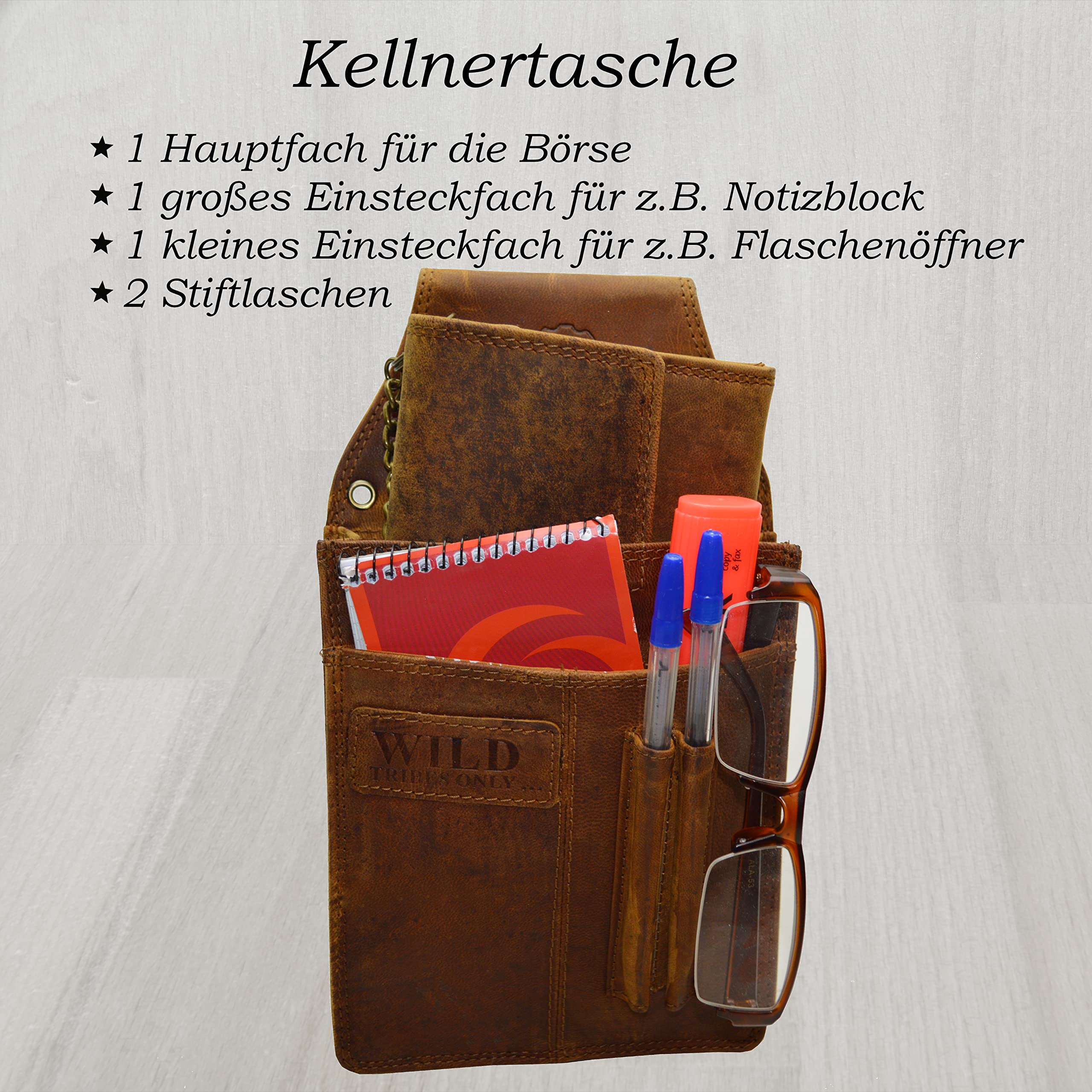 flevado Kellner Wild Leder Set Geldbörse und Kellnertasche Gastro Set Unisex Braun Stufenbörse