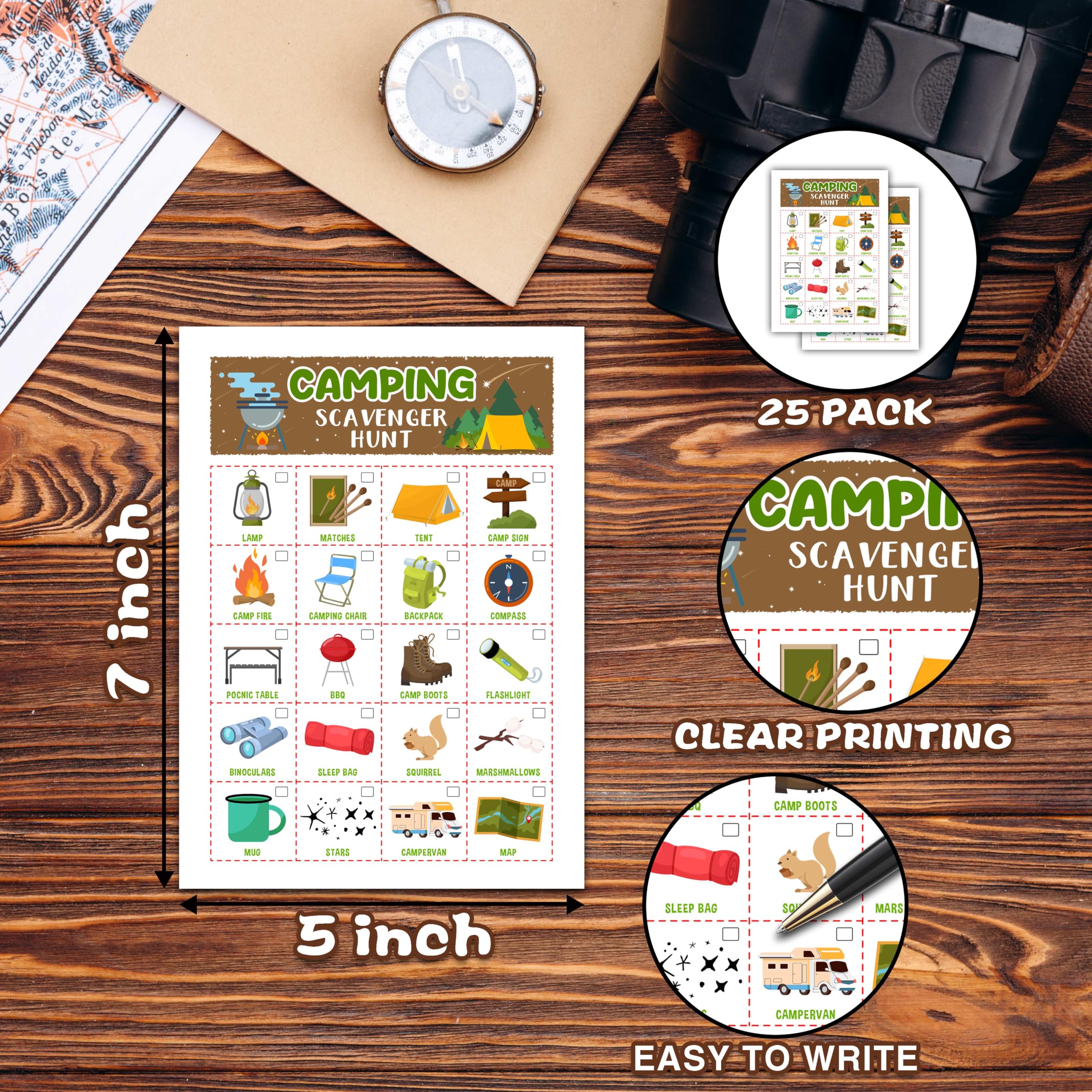 Foosproea Camping Scavenger Treasure Hunt Games Cards for Friends and Family, Outdoor Scavenger Hunts, Trip Family Holiday Party Games, Find and Seek Camping Game Set -05