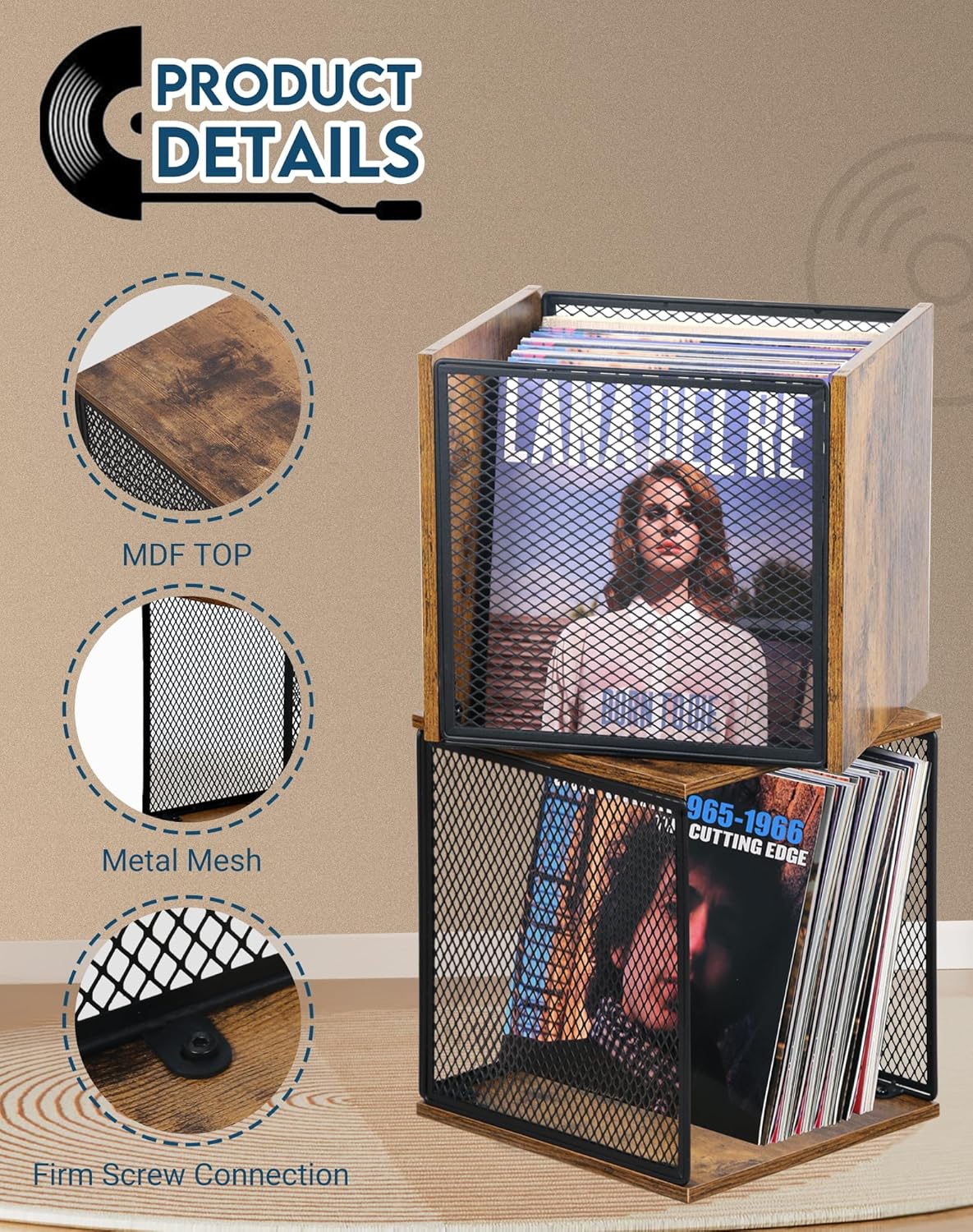 LOFTEY 2 Pack Vinyl Record Storage, 100-120 Records Vinyl Crate, Stackable Record Holder for 7"-12" Records, Cube Storage Box for Book & Toys, Rustic Brown